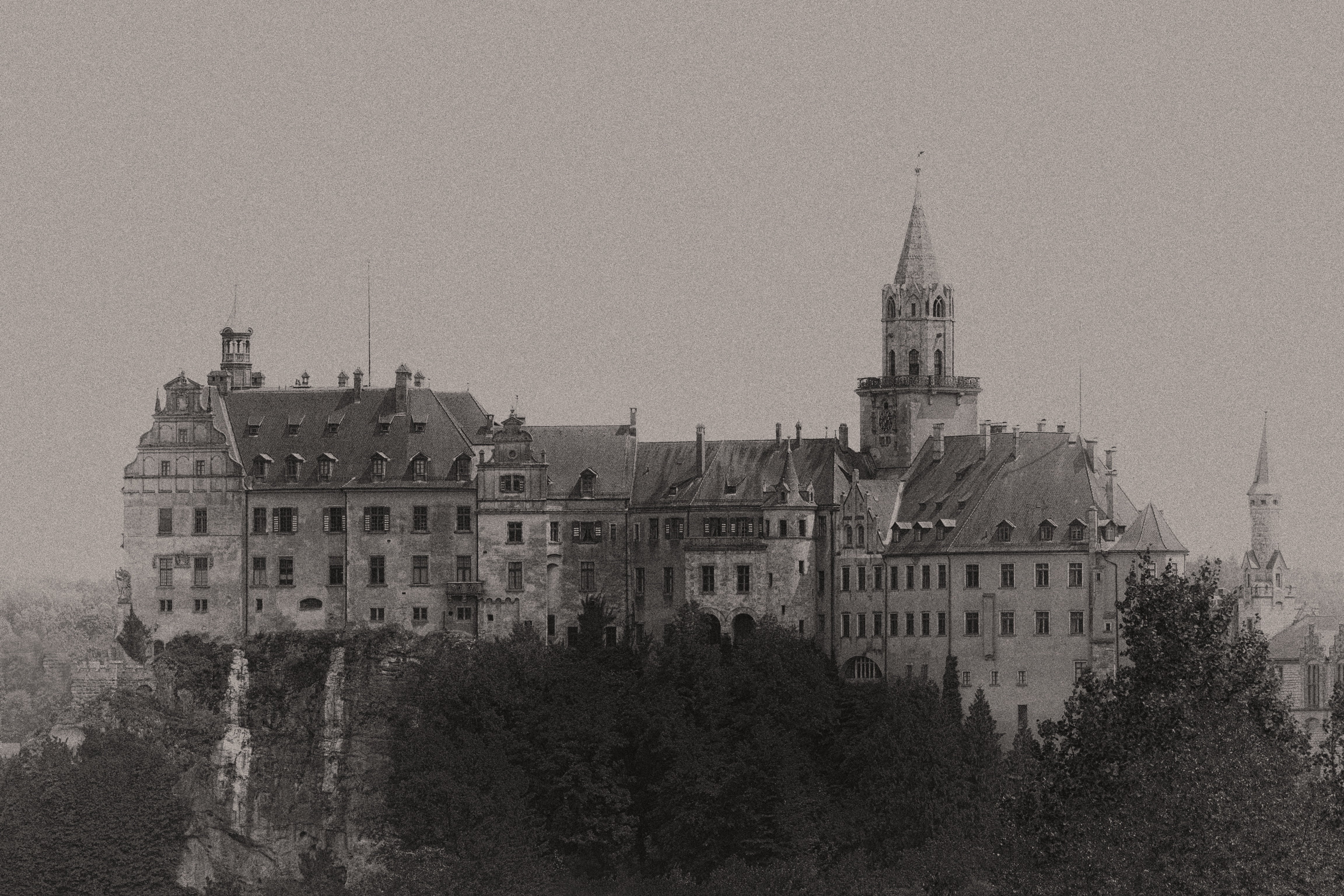 tower, grayscale, old, nature, outdoors, hohenzollern castle, copy space, sigma wrestle castle, travel destinations, architecture, 4K, residence, clear sky, HD Wallpaper