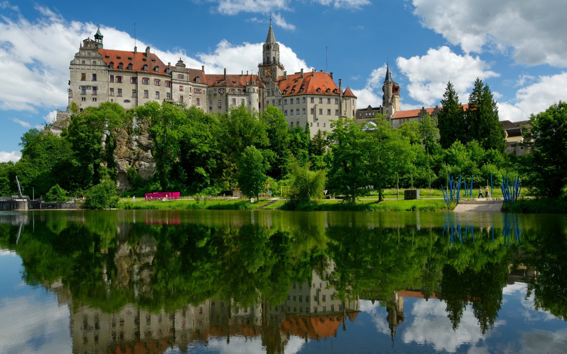 Castles, sky, building, reflection, cloud - sky, nature, waterfront, Sigmaringen Castle, built structure, no people, plant, day, water, outdoors, architecture, HD Wallpaper