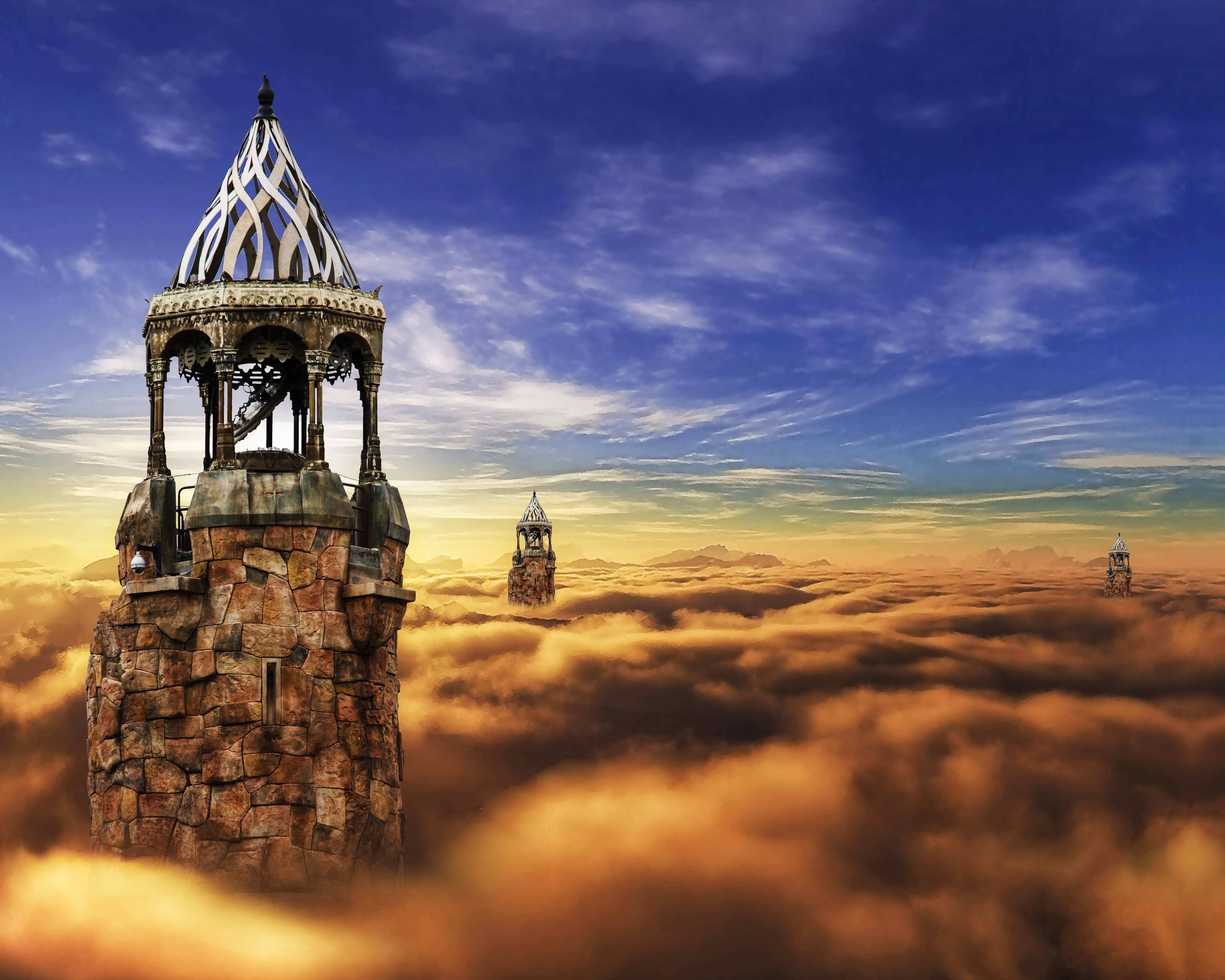 5K, outdoors, building, fairy, medieval, cloud, history, architecture, place of worship, built structure, spire, cloud - sky, belief, fantasy, spirituality, HD Wallpaper