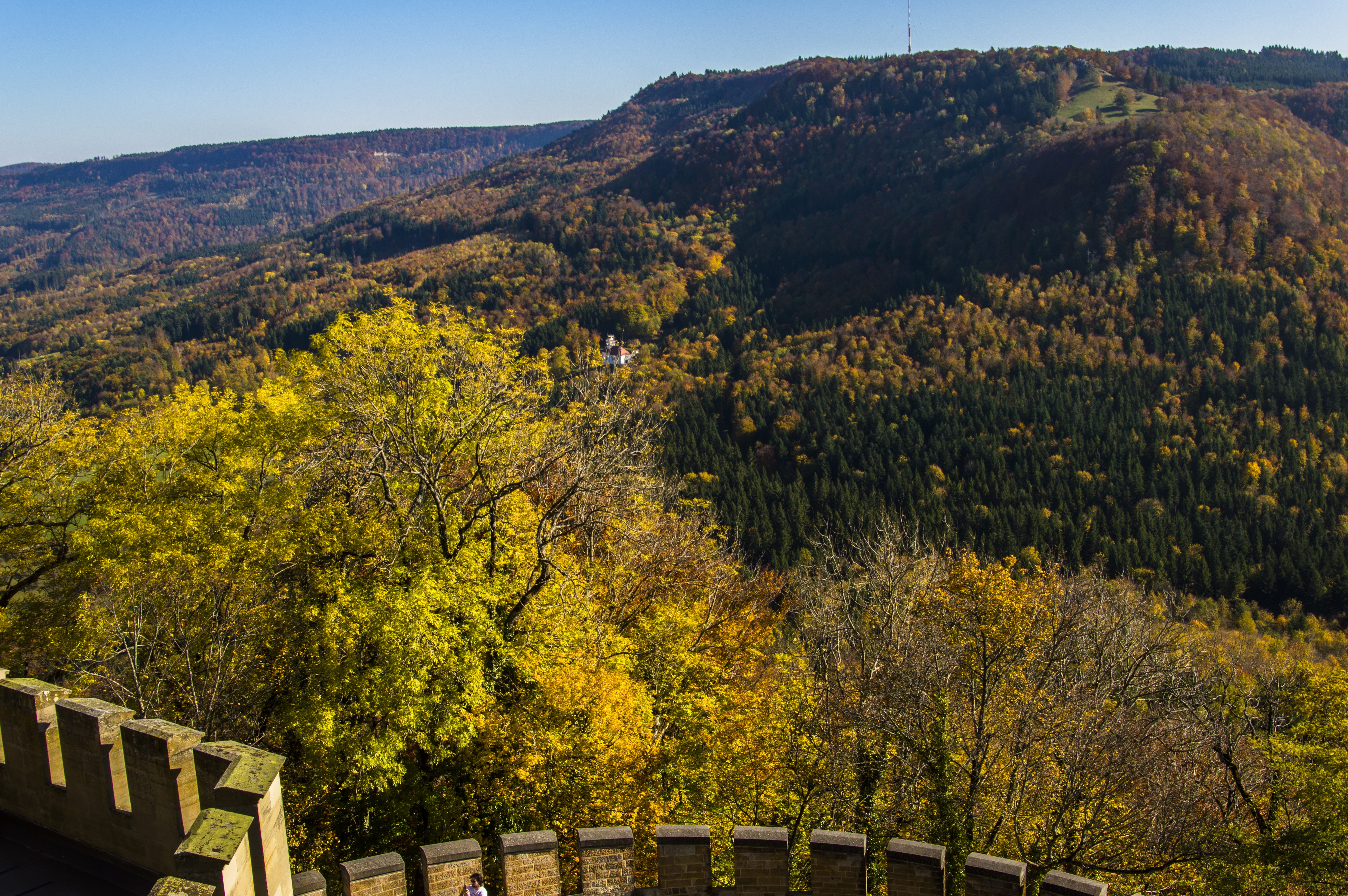 landscape, autumn, change, mountain, plant, view, viewpoint, land, architecture, vision, tranquil scene, 5K, wanderer, high angle view, outdoors, forest, HD Wallpaper