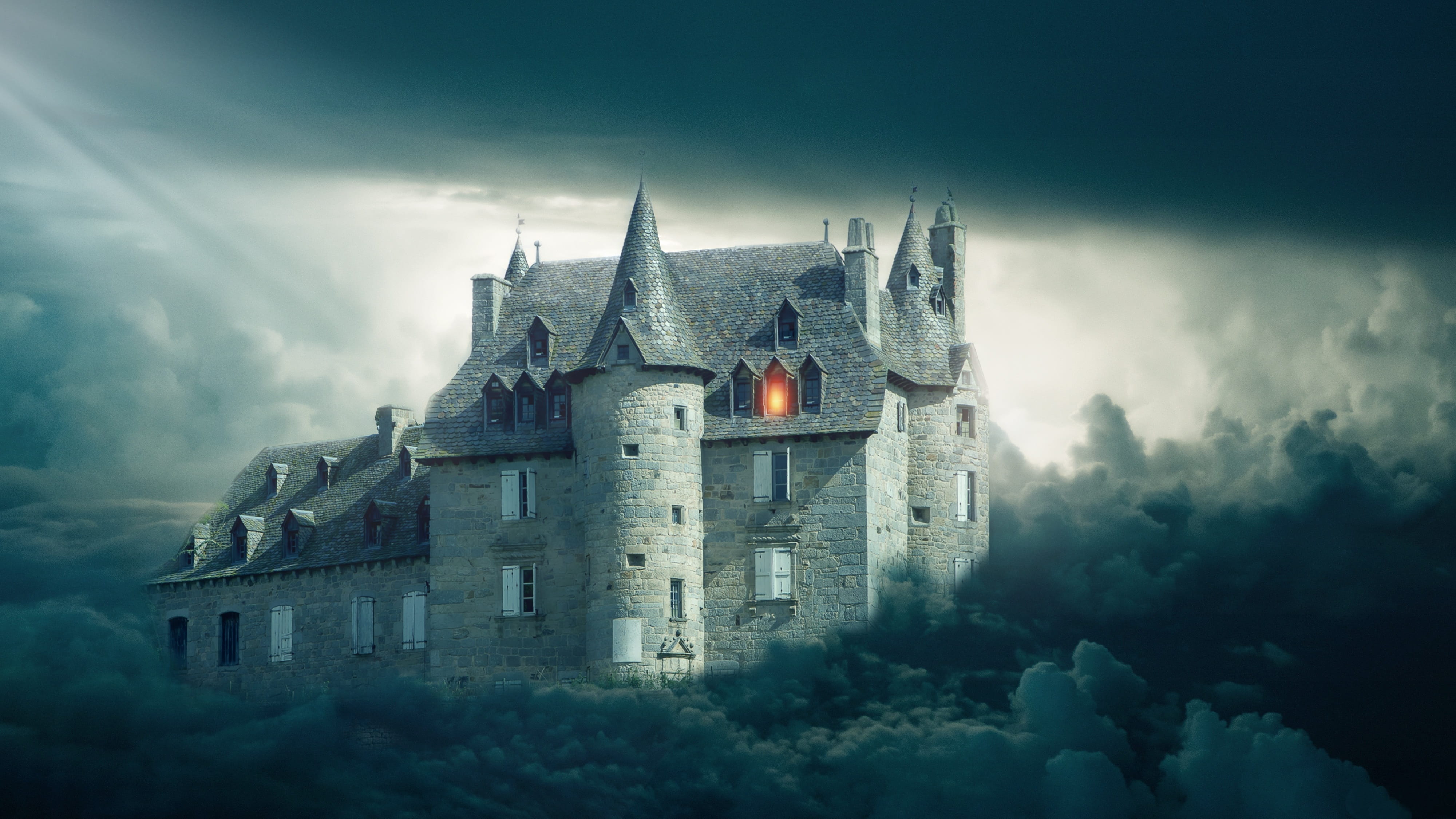 landscape, photoshop, building exterior, religion, building, dark, 4K, castle, mystery, magic, fantasy, spire, gothic style, place of worship, history, HD Wallpaper