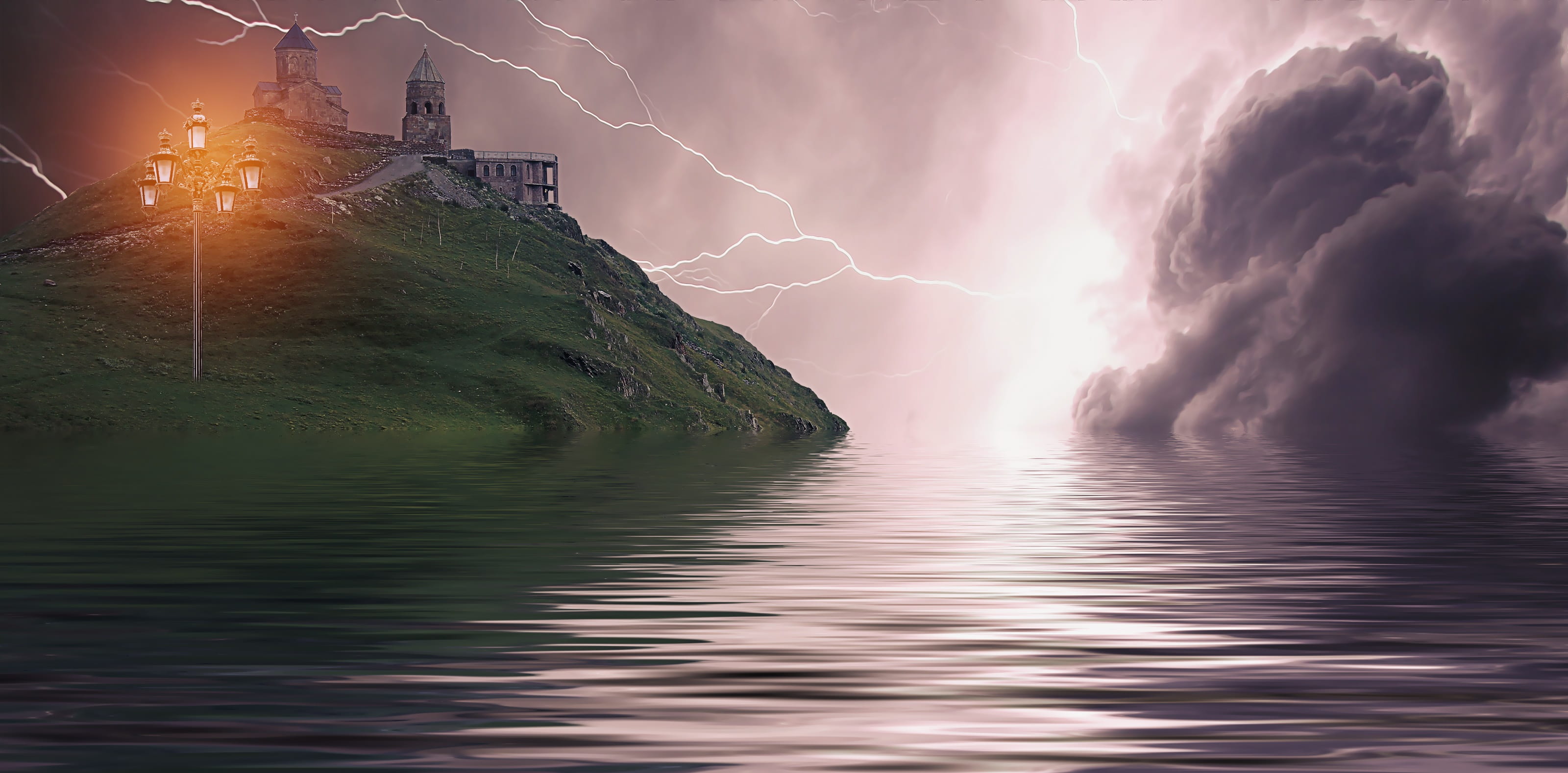 environment, lantern, gray, mountain, landscape, sign, dream, top, thunderstorm, electricity, water, outdoors, fantasy, power, cloud - sky, near, dramatic sky, HD Wallpaper