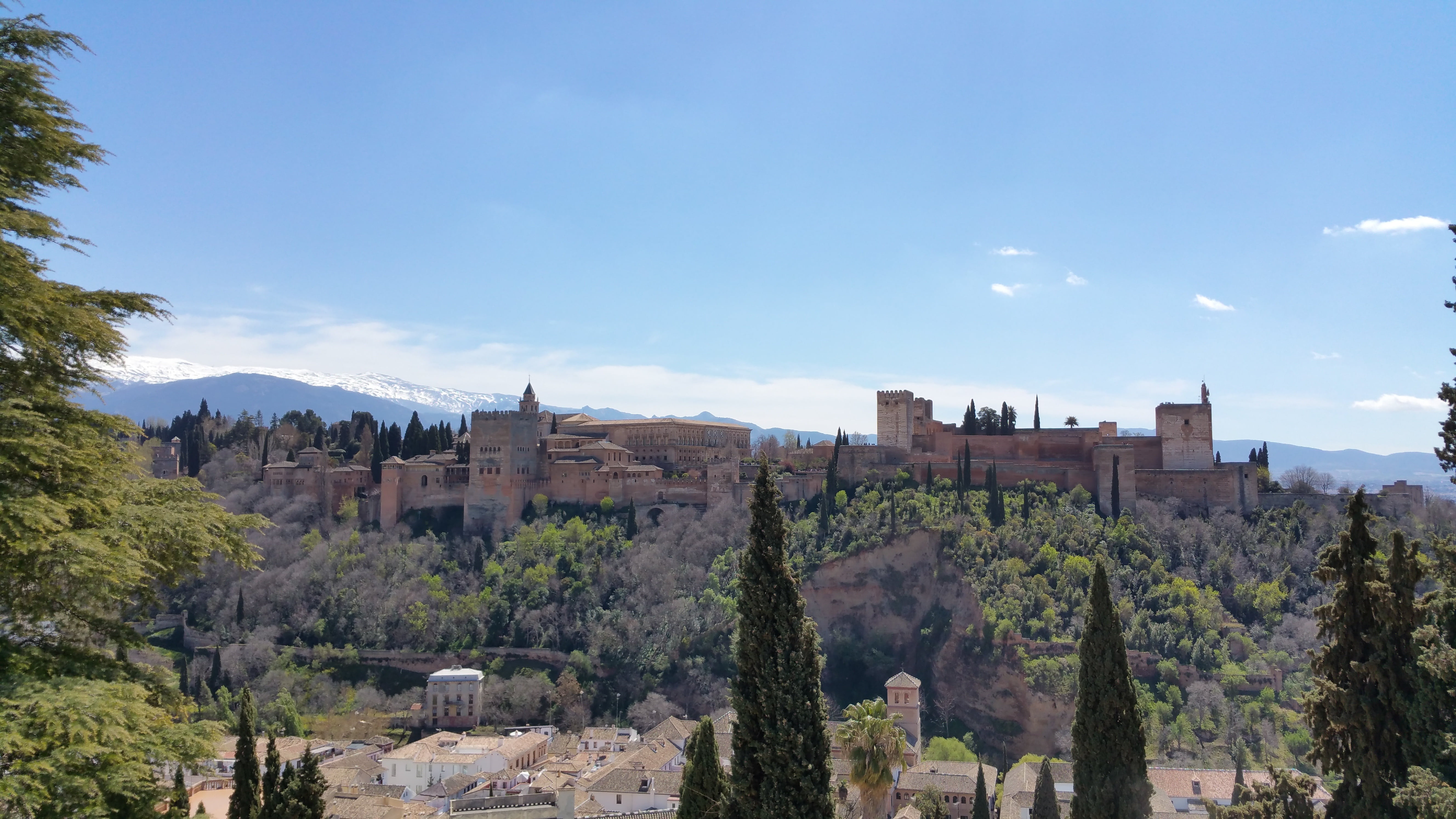 travel destinations, ancient, the past, tree, tourism, landmark, sky, nature, panorama, history, building exterior, architecture, granada, plant, cloud - sky, HD Wallpaper