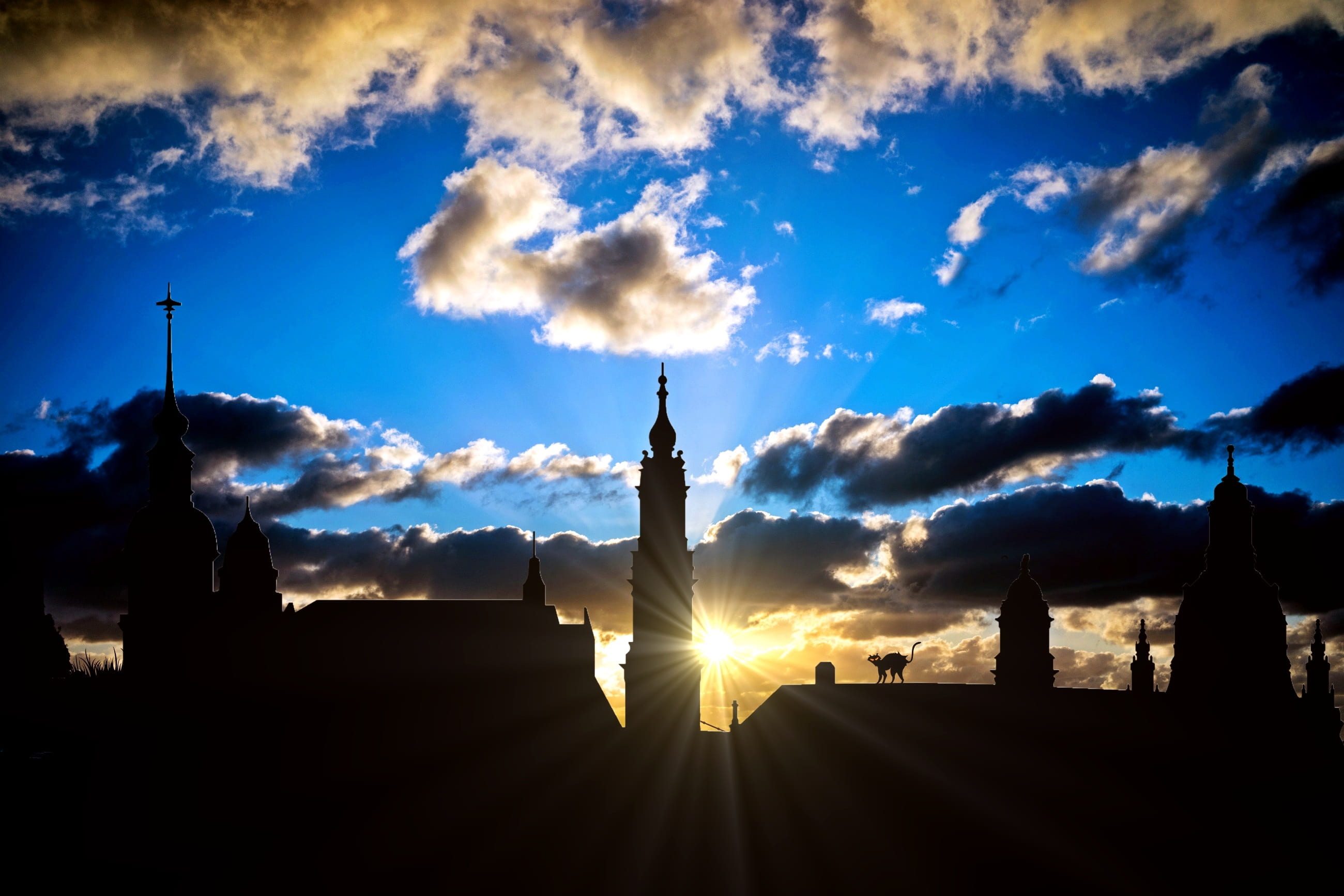 church, travel destinations, germany, cathedral, clouds, built structure, outdoors, building, cross, no people, view, history, evening sky, spire, lighting, HD Wallpaper