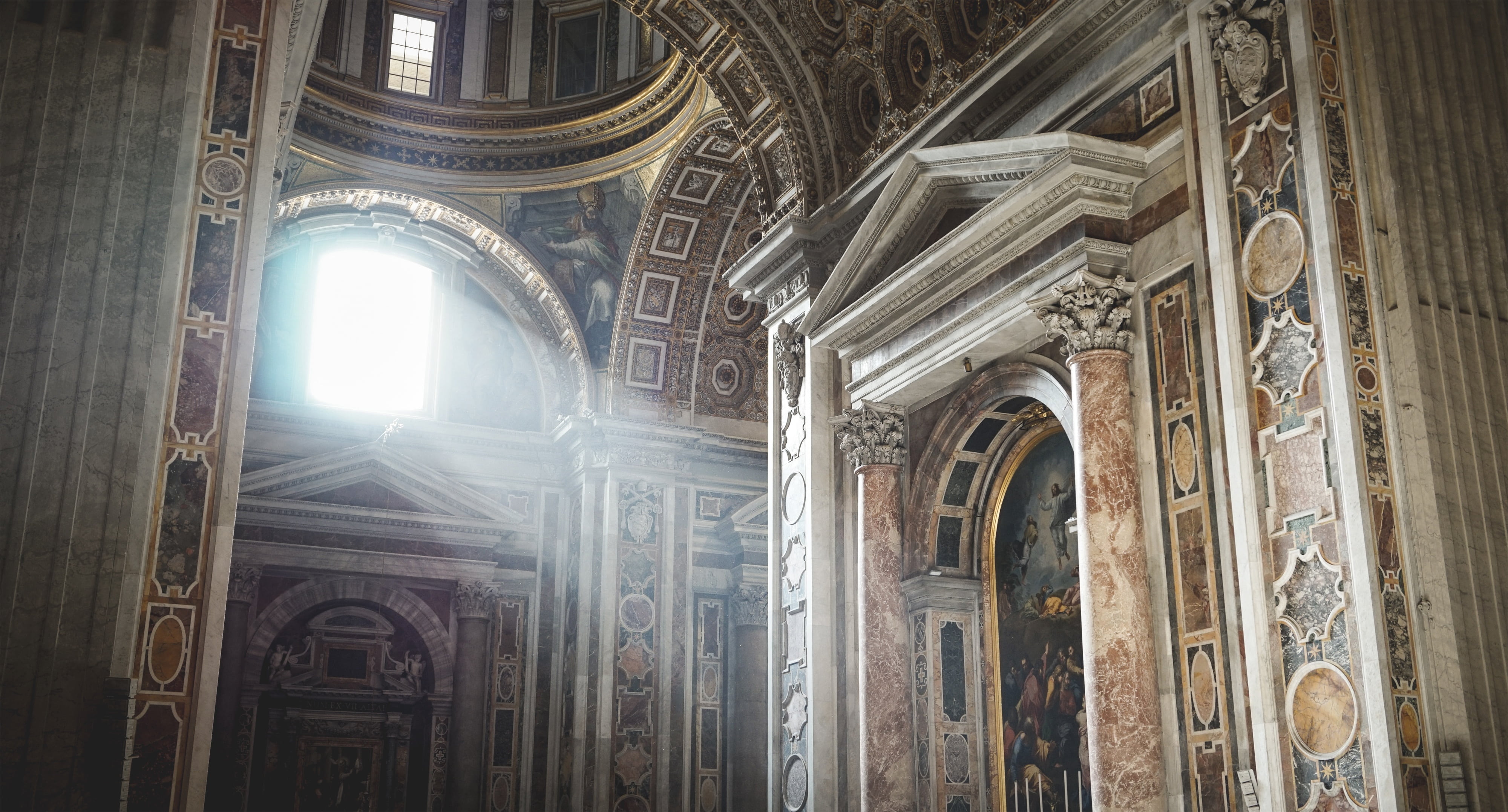 decorative, historic, indoors, atmosphere, place of worship, architectural column, sun, catholic, belief, sunlight, mood, brown, church, ambiance, vatican, HD Wallpaper