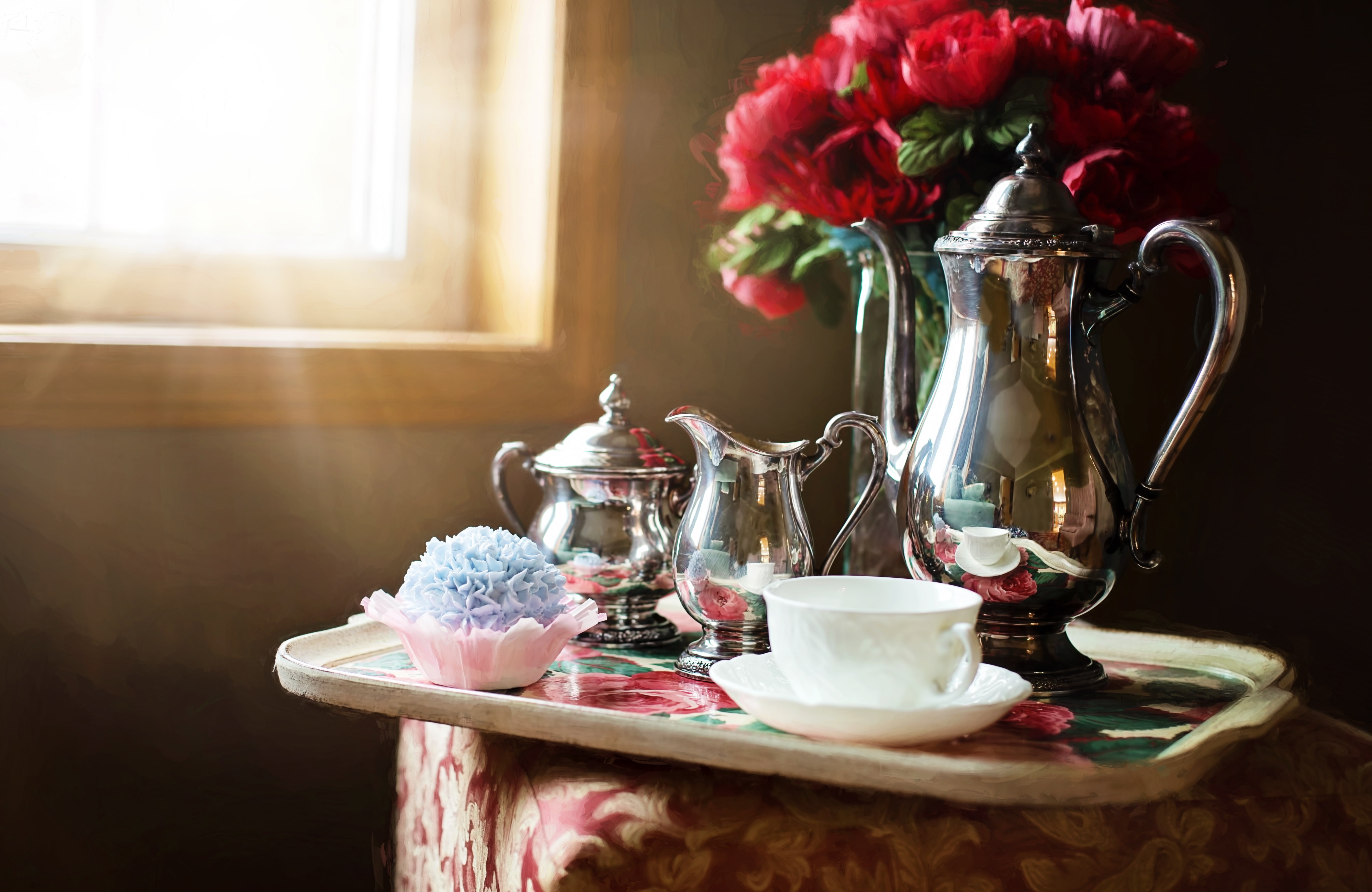 coffee pot, antique, food and drink, no people, mug, rose, decoration, vintage, metallic, indoors, table, teapot, 5K, near, white, nature, window, tea - hot drink, HD Wallpaper