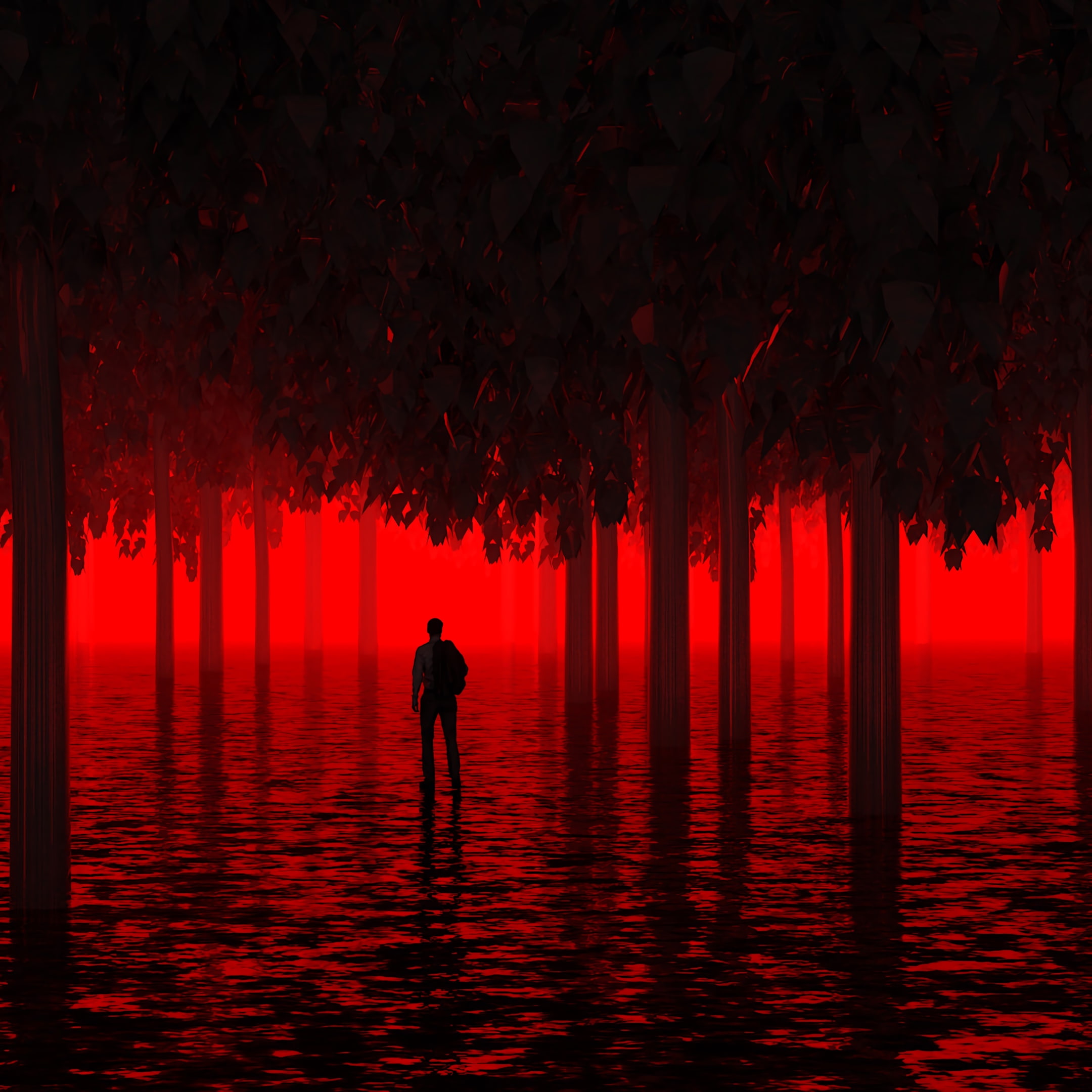 1080P, red, light, water, flooded, trees, man, neon, Phone HD Wallpaper