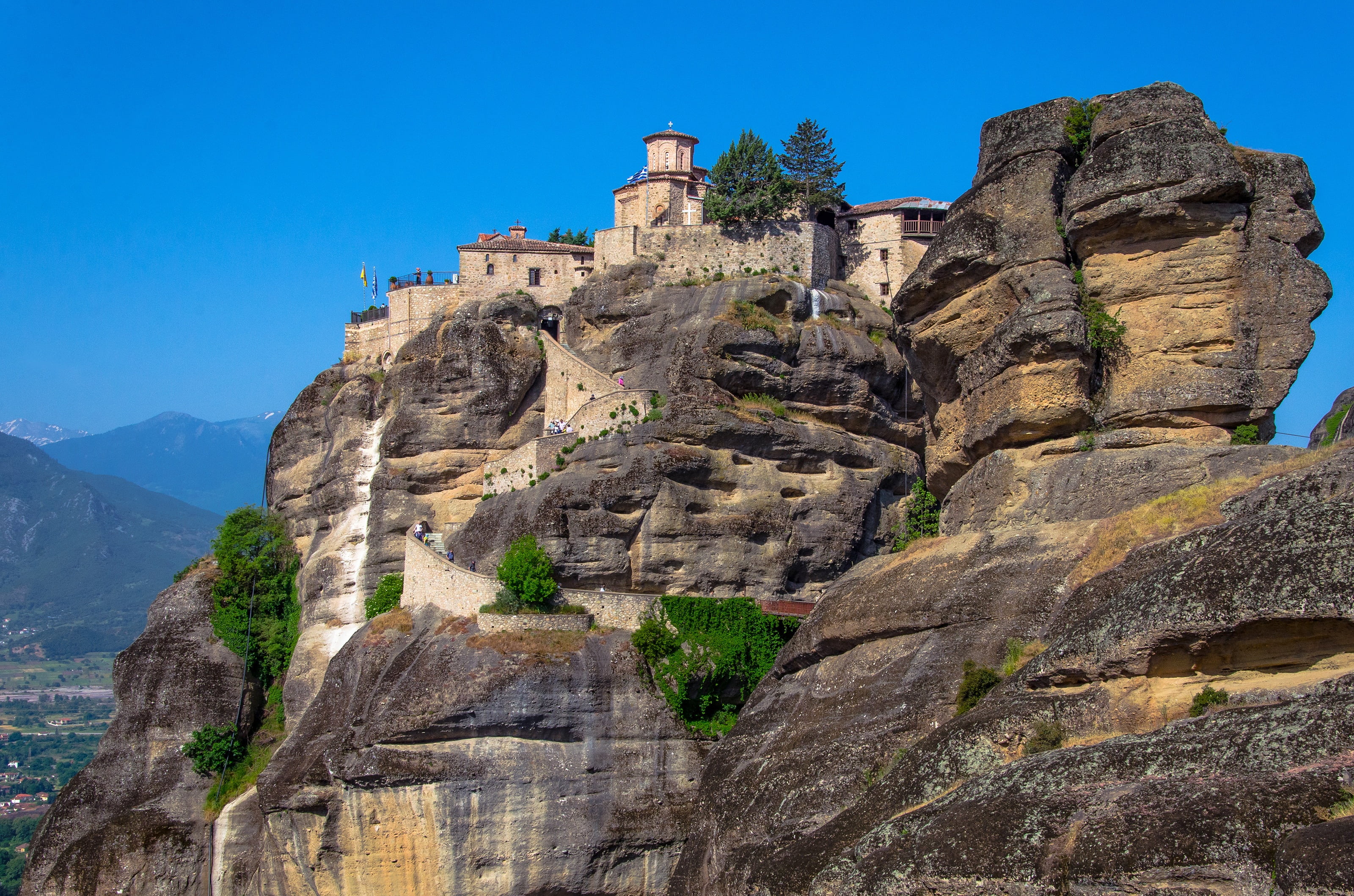 castle, sky, rock, monasteries, nature, cultures, low angle view, famous Place, pilgrimage, mountains, solid, orthodox, rock formation, kalabaka, rock - object, HD Wallpaper