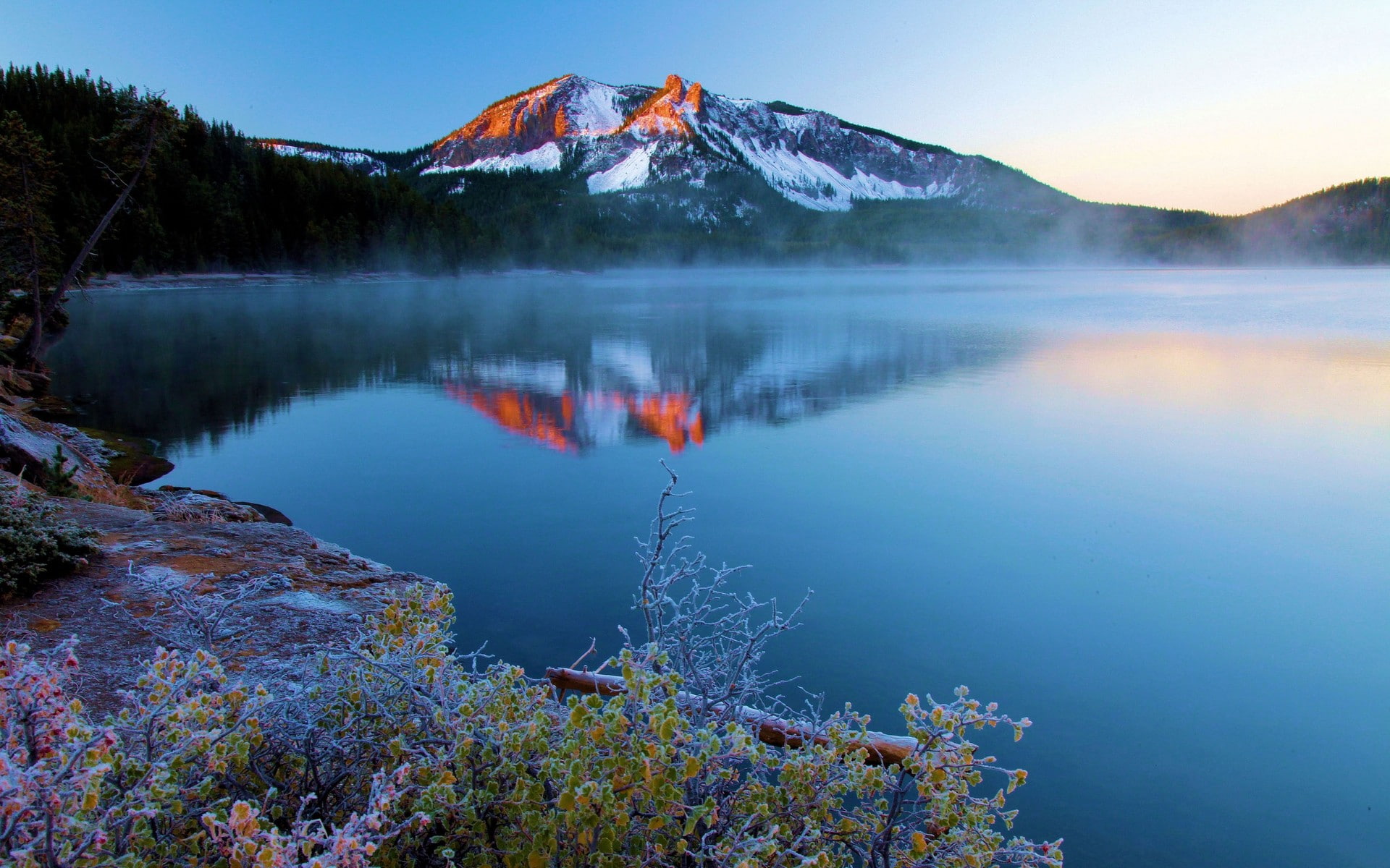 mountain, snowy, sunset, 1080P, peak, frost, oregon, water, nature, snowy peak, lake, calm, landscape, mist, HD Wallpaper