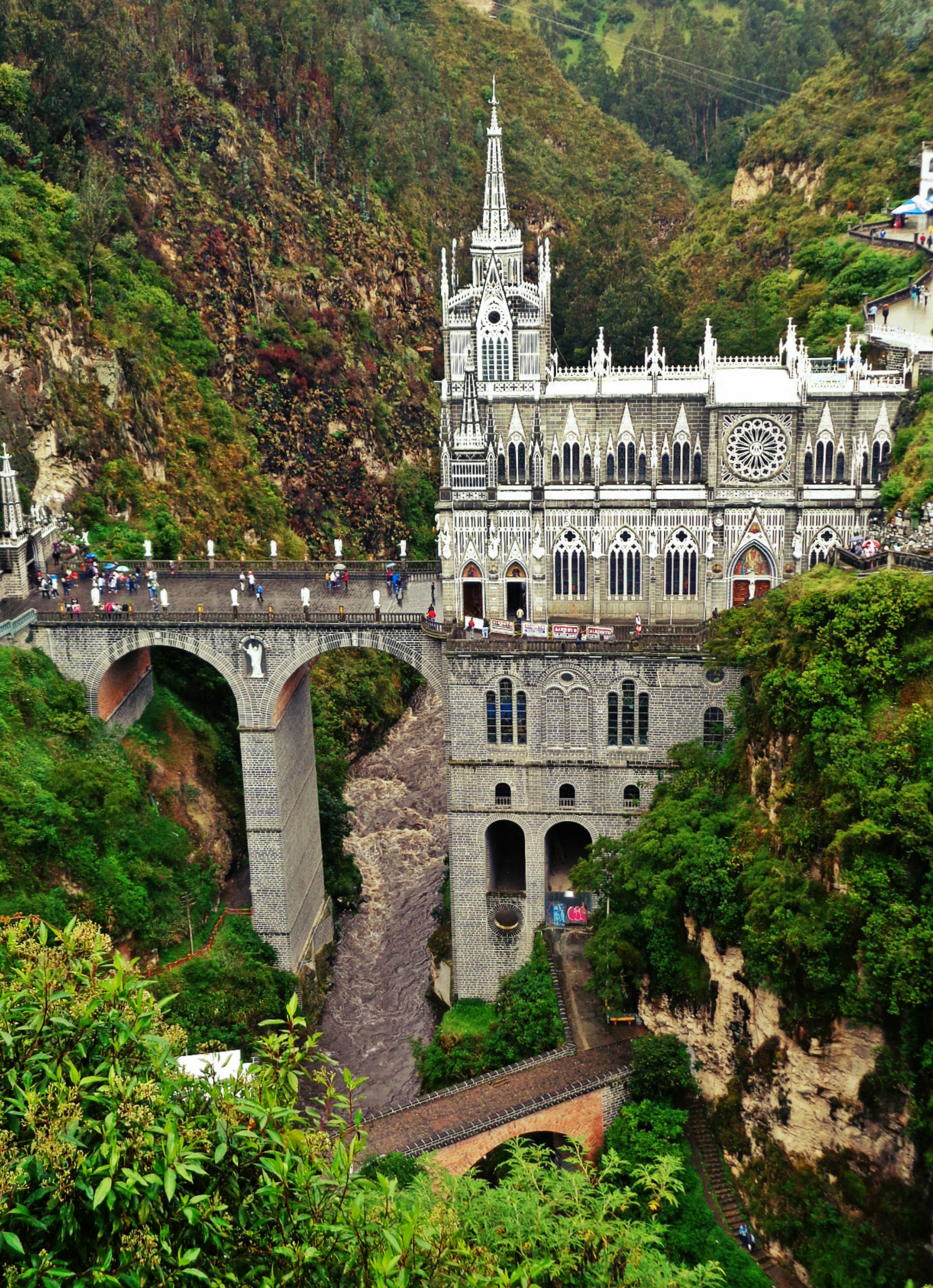 tourism, architecture, travel destinations, las lajas, outdoors, day, history, transportation, incidental people, building exterior, built structure, plant, Phone HD Wallpaper