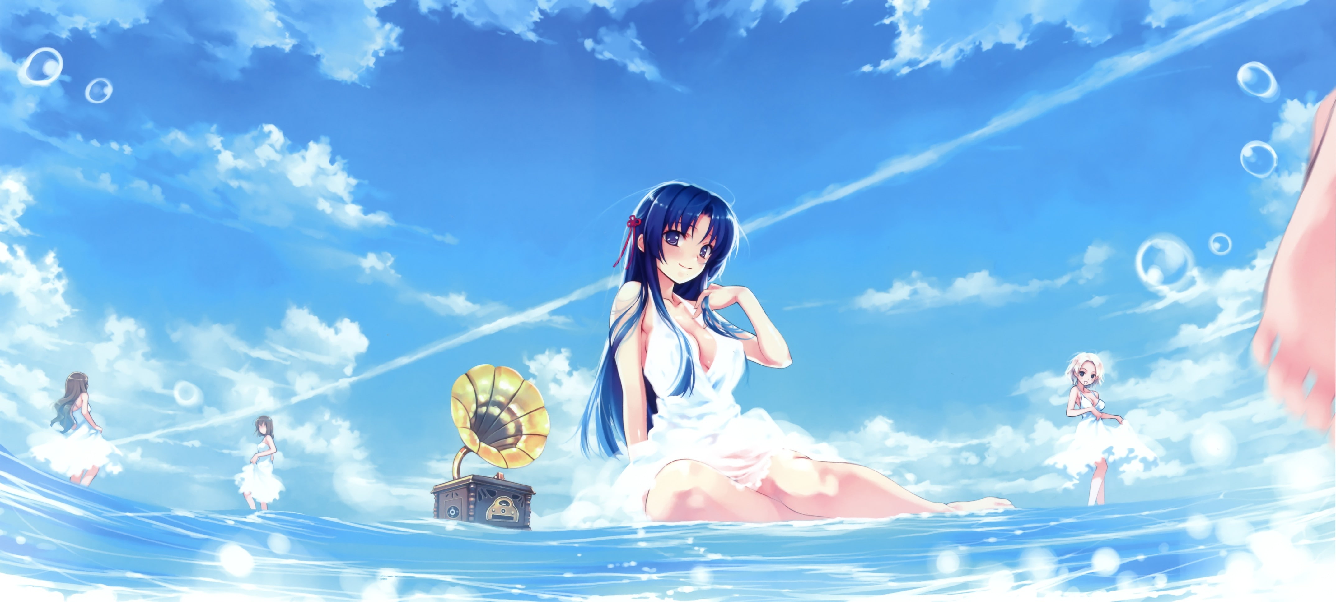 4K, Nakano Hinata, Tsuyazaki Kokage, clouds, Hanami Mariya, Koga Sayoko, Deep Blue Sky and Pure White Wings, beach, HD Wallpaper