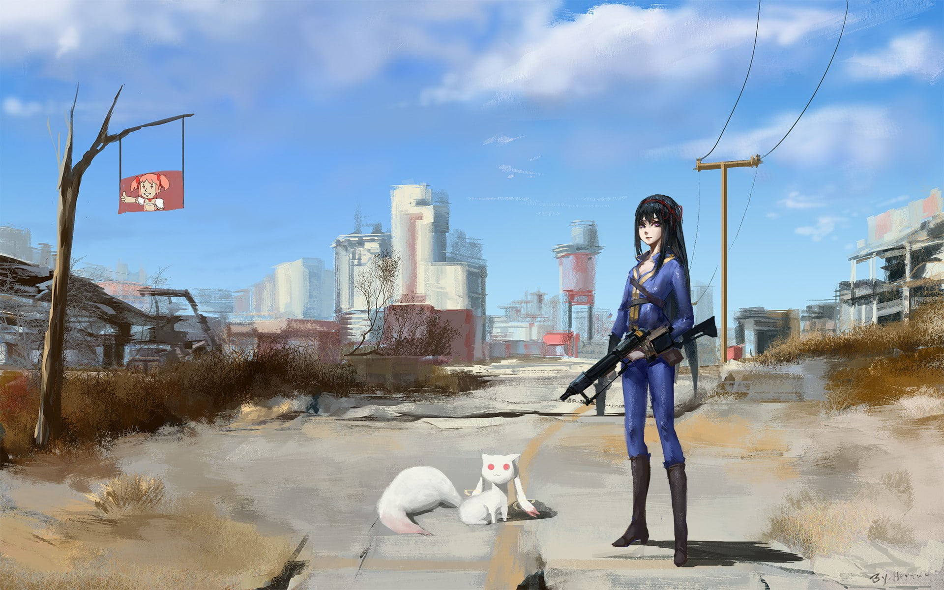 Fallout 4, wasteland, gun, apocalyptic, Fallout, weapon, anime girls, 1080P, anime, Mahou Shoujo Madoka Magica, long hair, crossover, Kyuubey, HD Wallpaper