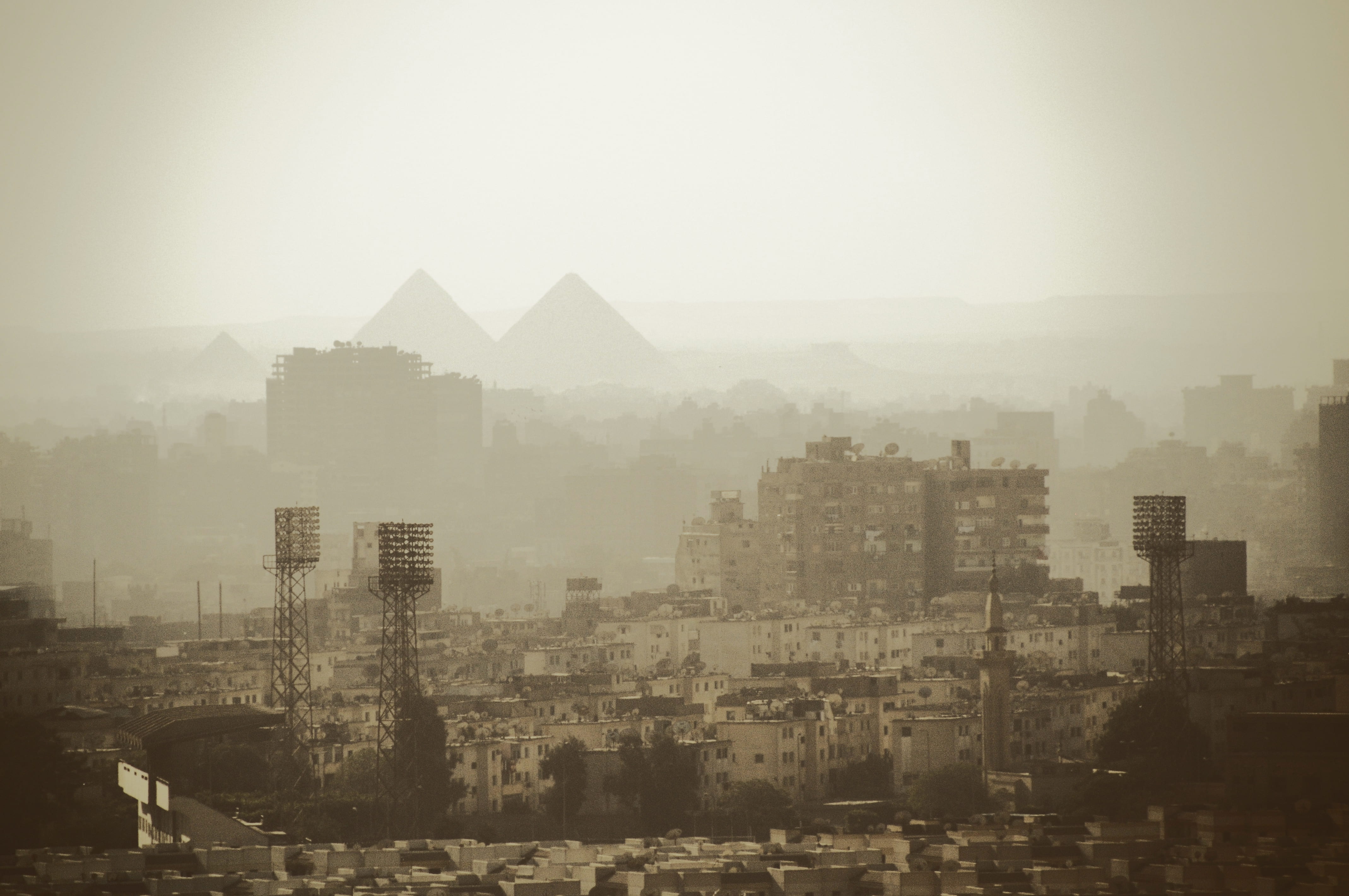 architecture, gray, air pollution, fog, smog, cityscape, pyramid, outdoors, 4K, buildings, pyramids, covered, photo, travel destinations, wasteland, built structure, HD Wallpaper