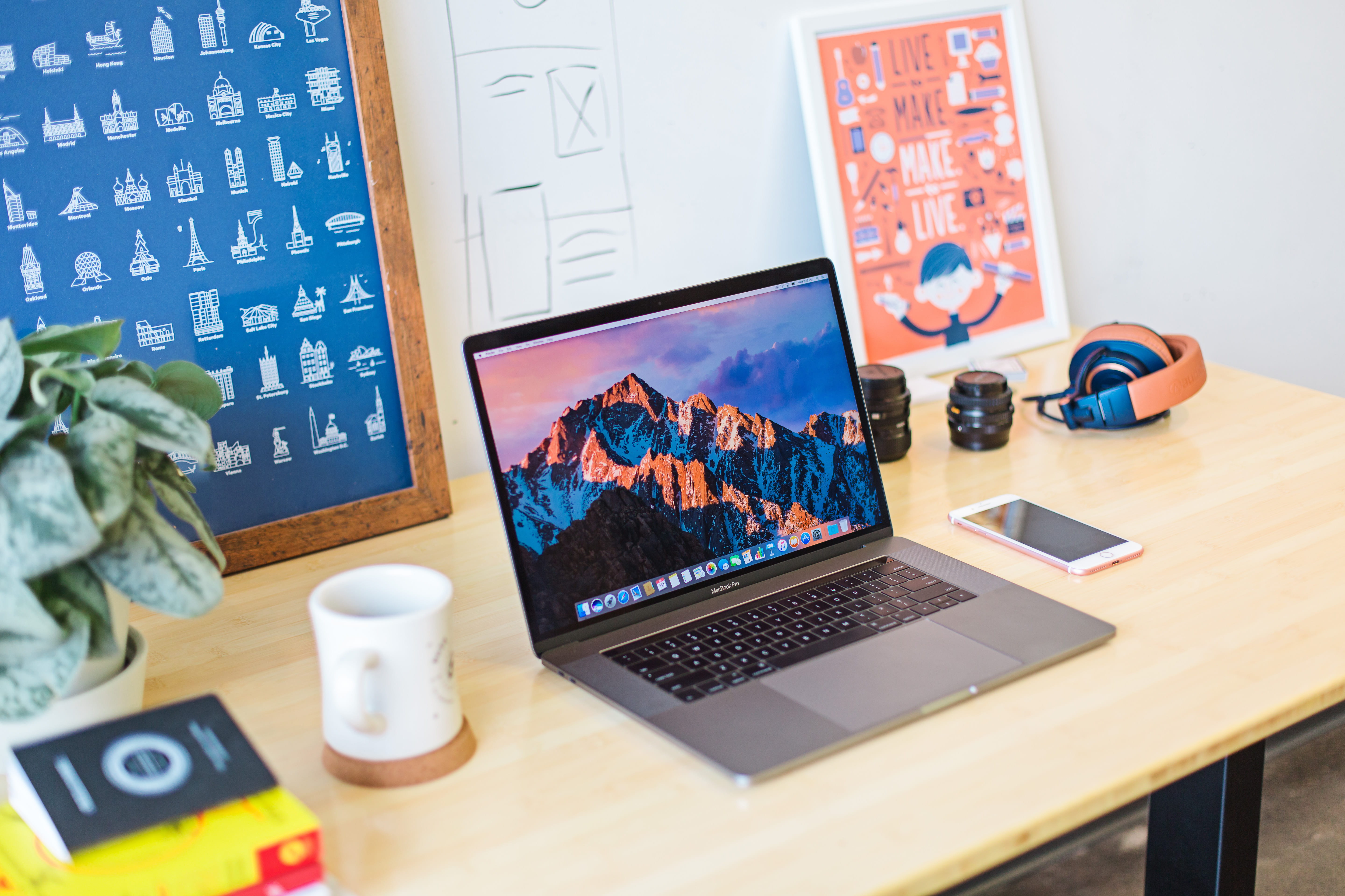 office, screen, turned, electronic, workspace, designer, computer, business, education, ceramic, designers desk, technology, using laptop, 5K, wireless technology, HD Wallpaper