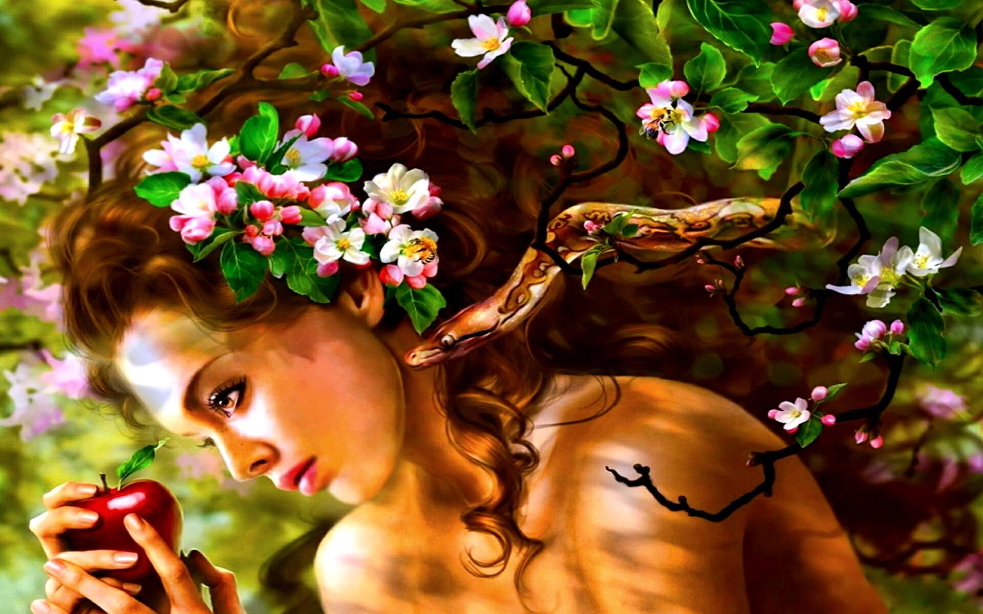 1080P, holding, mystery, snake, girl, forest, mysterious, spring, 3d and abstract, brown, illustrationb, haired, apple, beauty, woman, HD Wallpaper