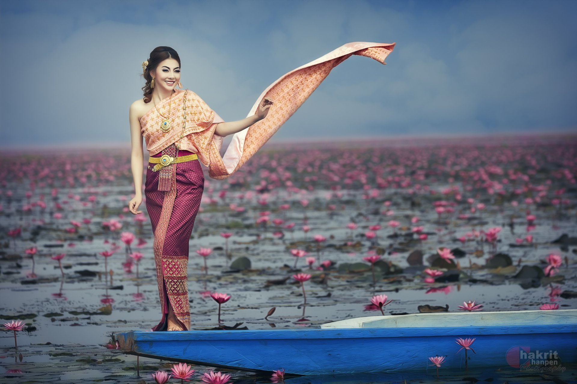 Asian, Boat, Girl, Thai, National Dress, 1080P, Photography, Oriental, Flower, Woman, HD Wallpaper