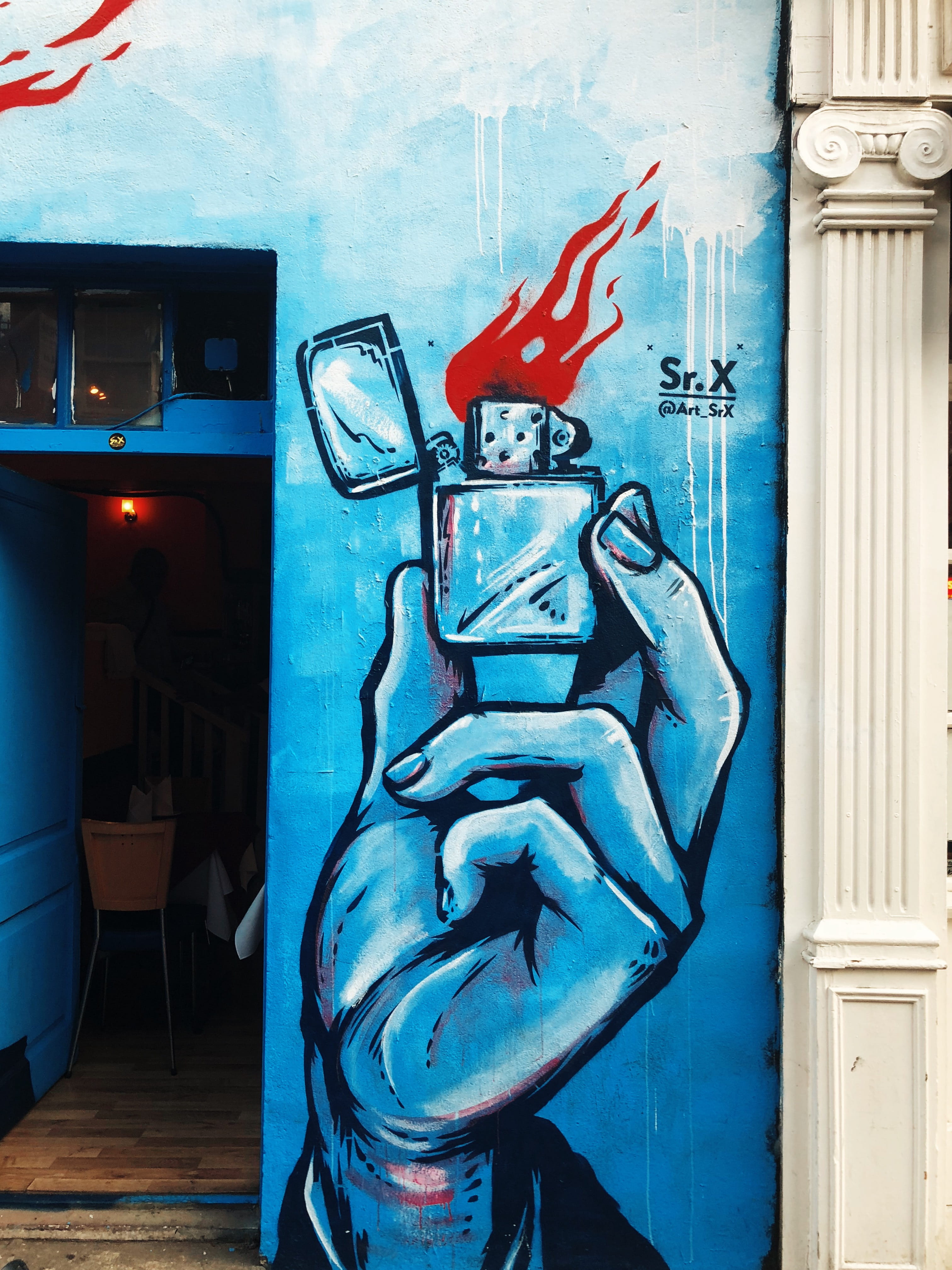 alley, wall art, chair, furniture, blue, seat, graffiti, art and craft, indoors, architecture, built structure, table, flip, plywood, building, mural, 4K, Phone HD Wallpaper