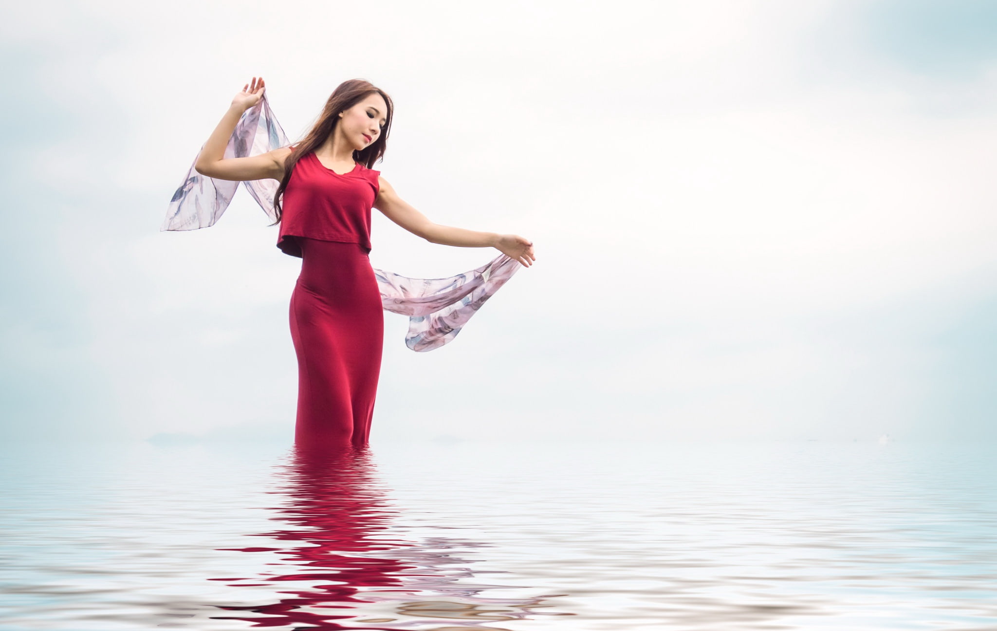 beautiful woman, water, nature, human limb, hair, arms raised, standing, adult, one person, hairstyle, portrait, freedom, dress, young women, human arm, HD Wallpaper