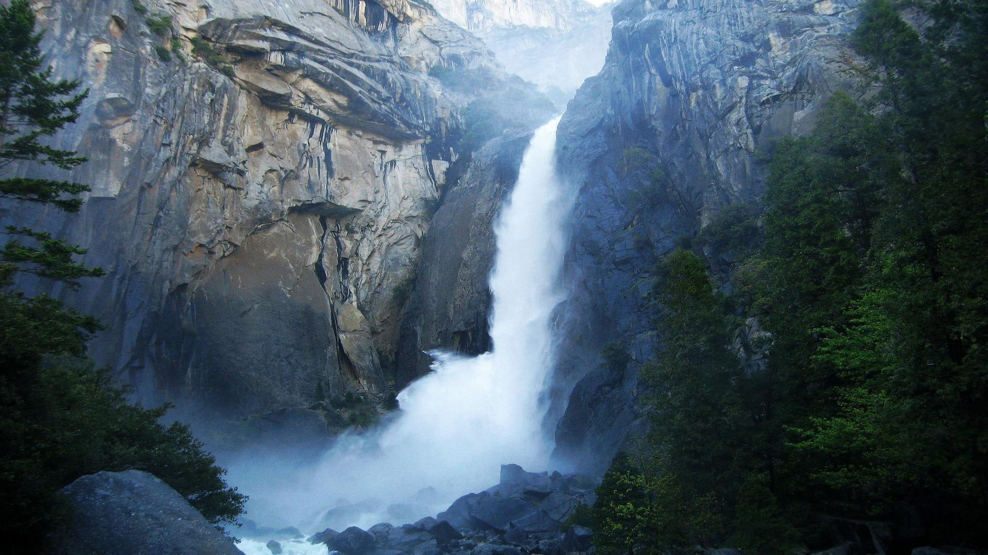 rocks, cliff, 1080P, waterfalls, waterfall, yosemite, nature and landscapes, photography, mighty, trees, HD Wallpaper