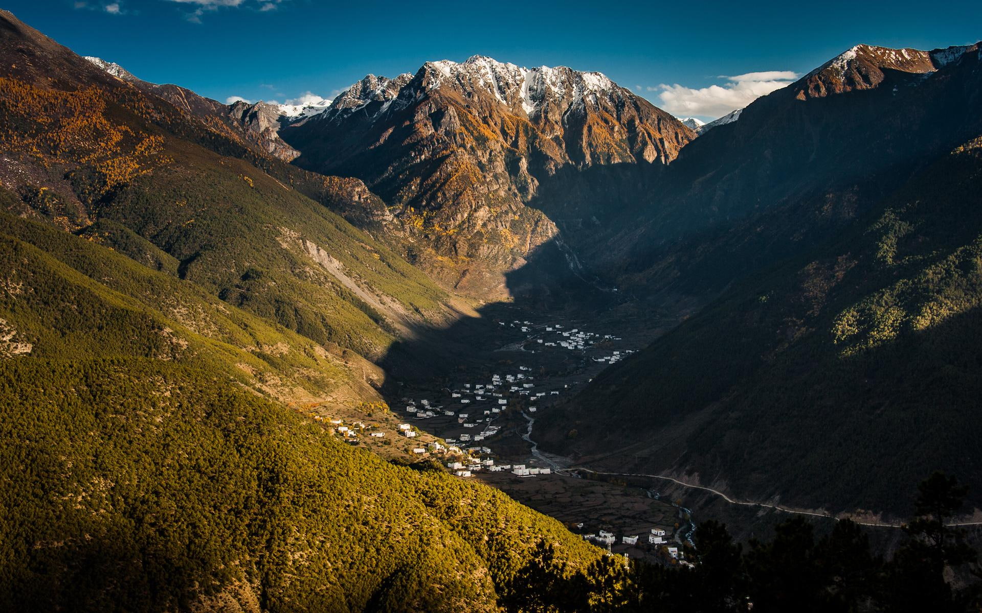 1080P, road, village, nature and landscapes, mountains, mighty, valley, HD Wallpaper