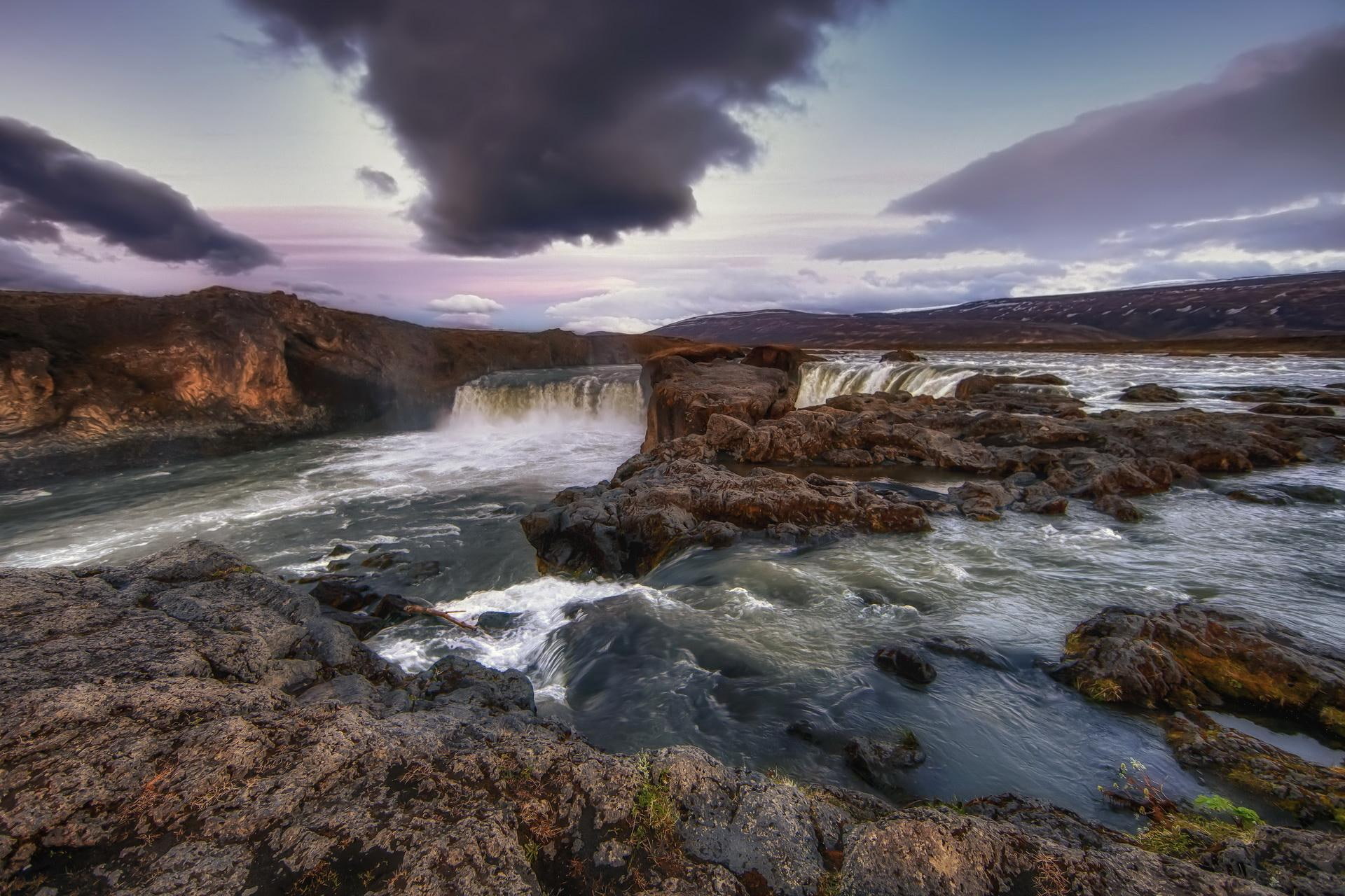 mighty, rocks, nature and landscapes, waterfall, 1080P, clouds, river, HD Wallpaper