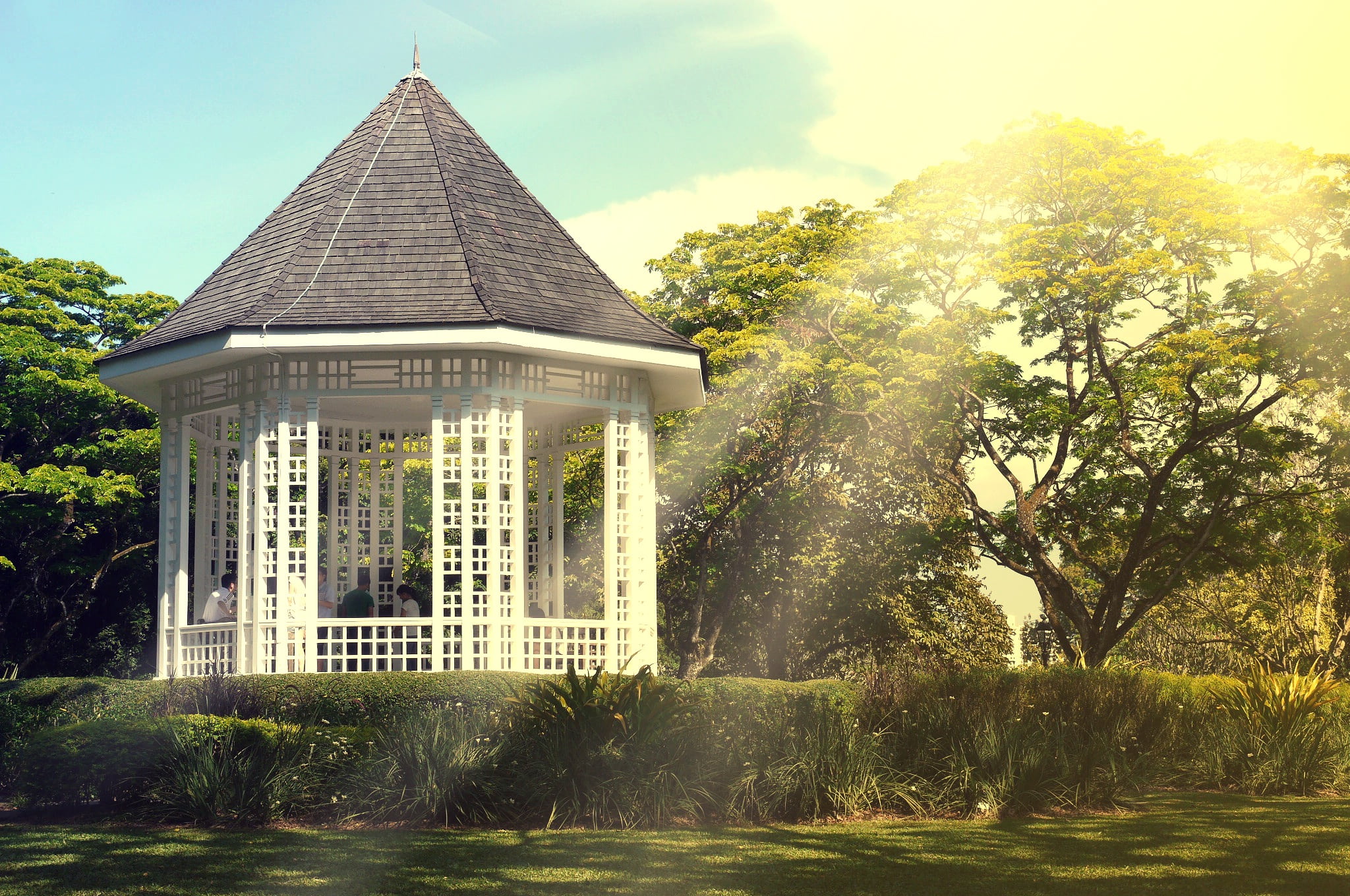 outdoors, daytime, building, growth, white, 1080P, green color, grass, shrubs, water, summer, concrete, built structure, sun rays, tree, bushes, the past, HD Wallpaper