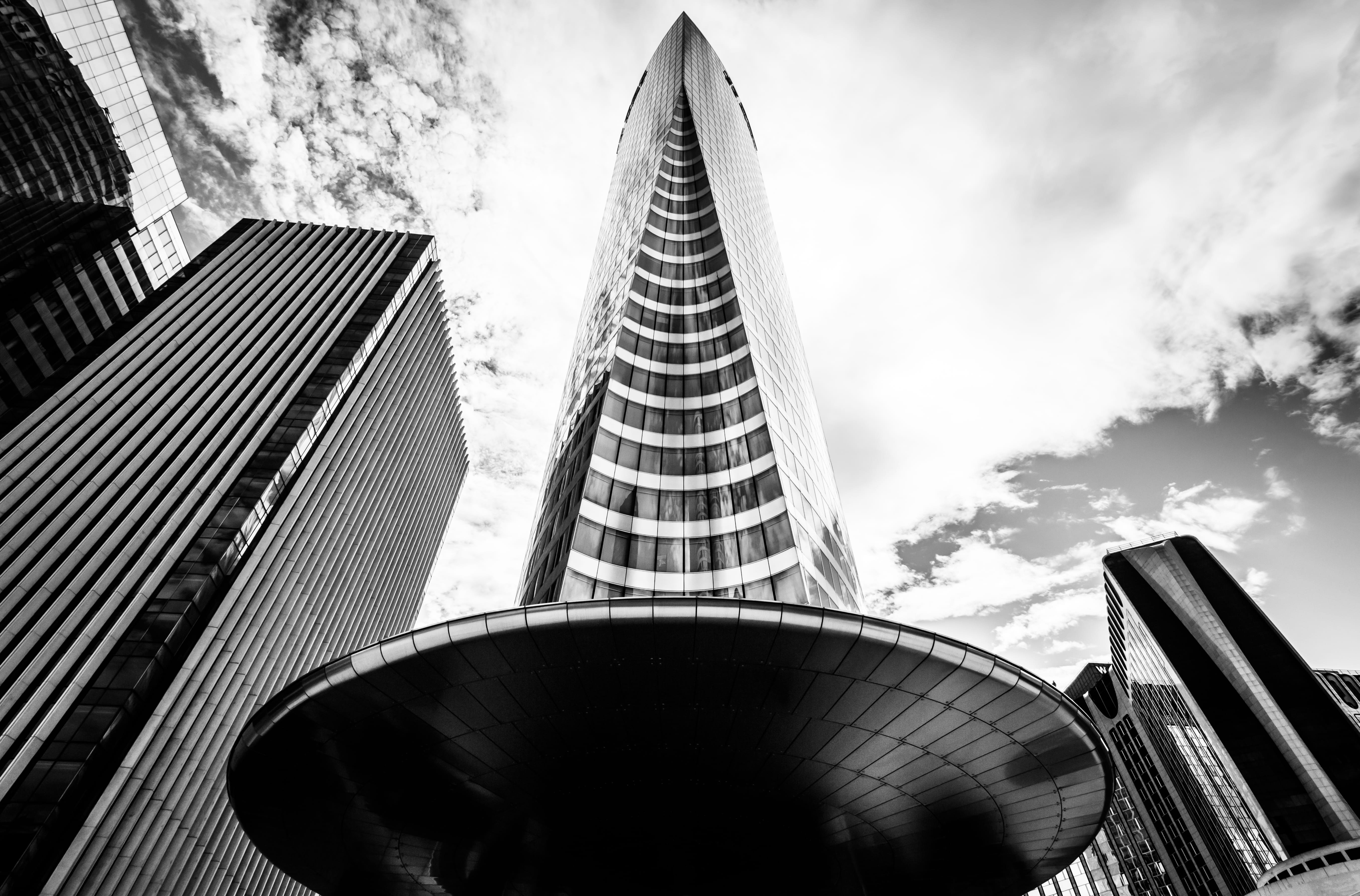 5K, building, nature, la defense, financial district, built structure, office, tall - high, reflections, monochrome, metal, low angle view, travel, france, HD Wallpaper