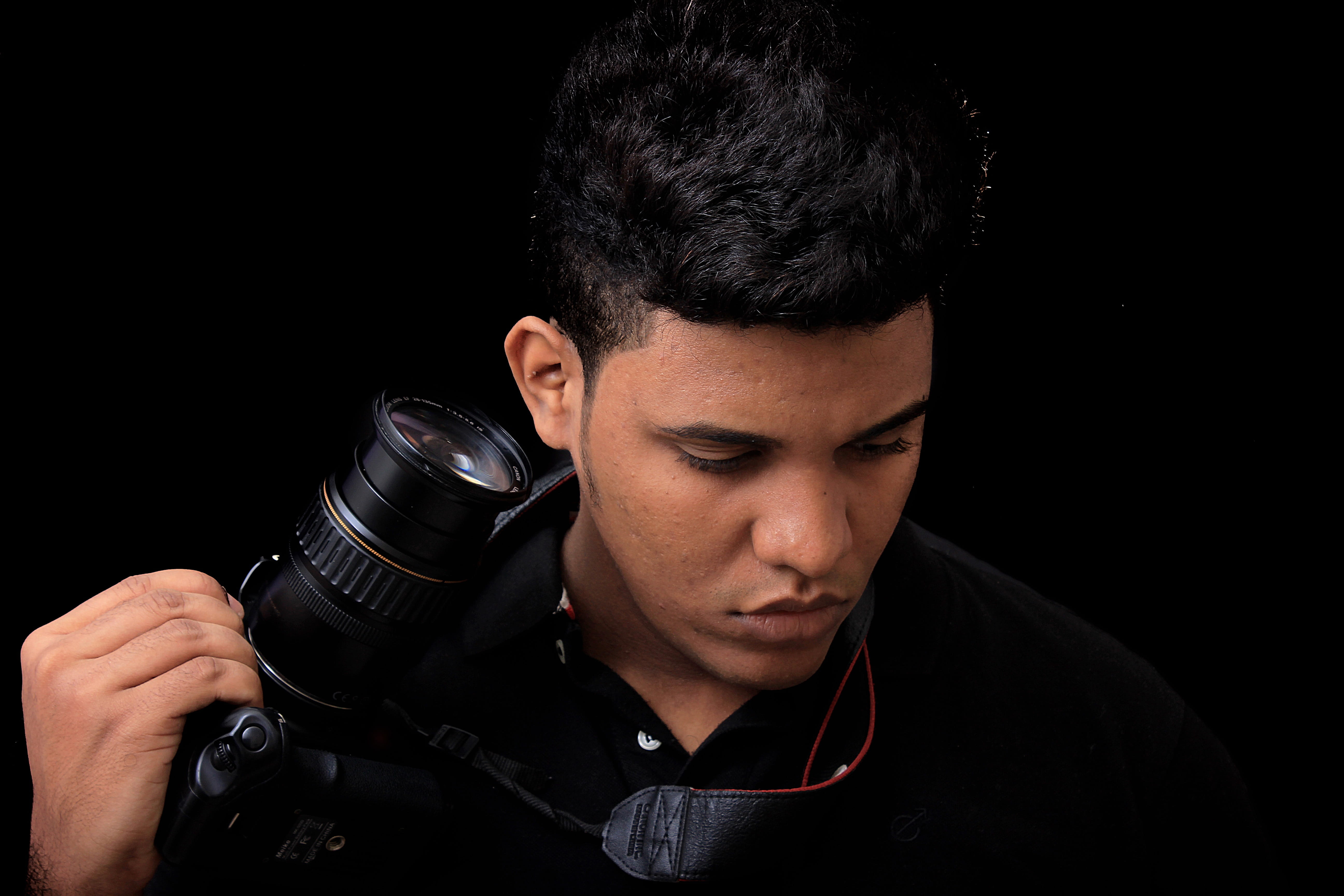 dslr, black color, young men, technology, photo, occupation, nikon, notebook, studio shot, front view, filter, sony, looking, young adult, men, purple, HD Wallpaper