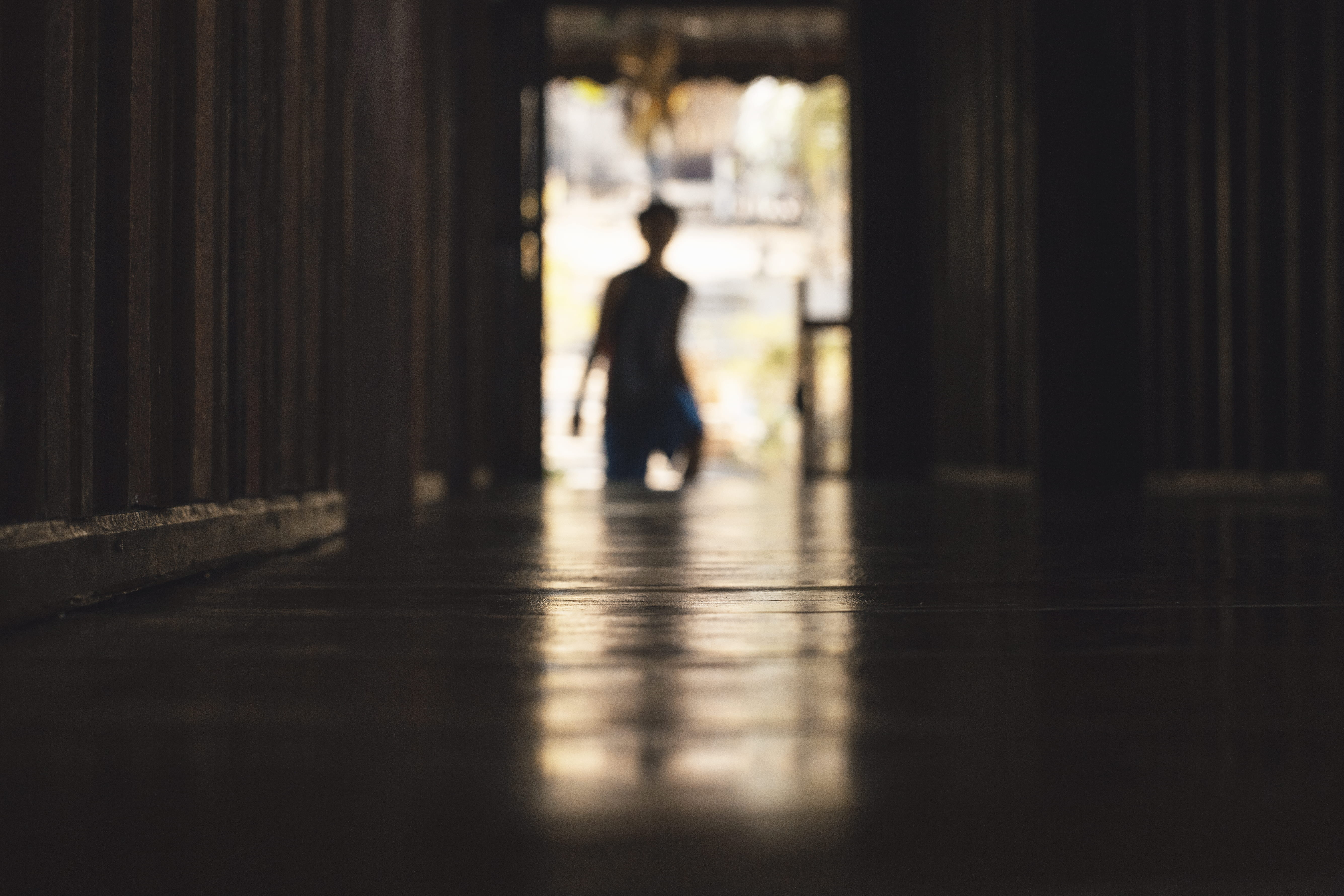 dark, light at the end of the tunnel, built structure, silhouette, corridor, passage, sunlight, door, beside, selective focus, indoors, wall, shadow, motion, HD Wallpaper