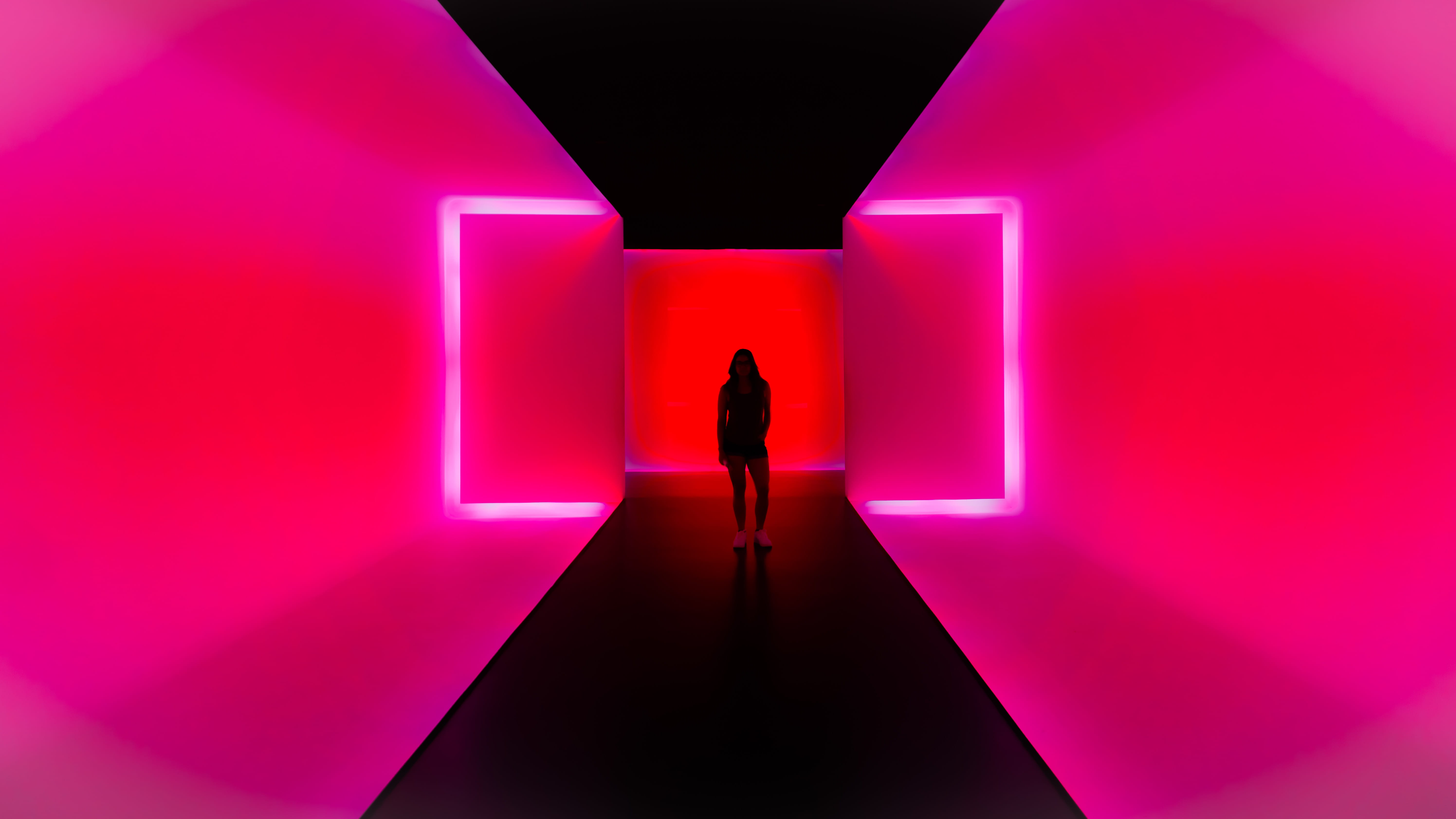 direction, houston, museum, neon, indoor, one person, contemplation, the way forward, modern, full length, creativity, purple, futuristic, light, digital composite, HD Wallpaper