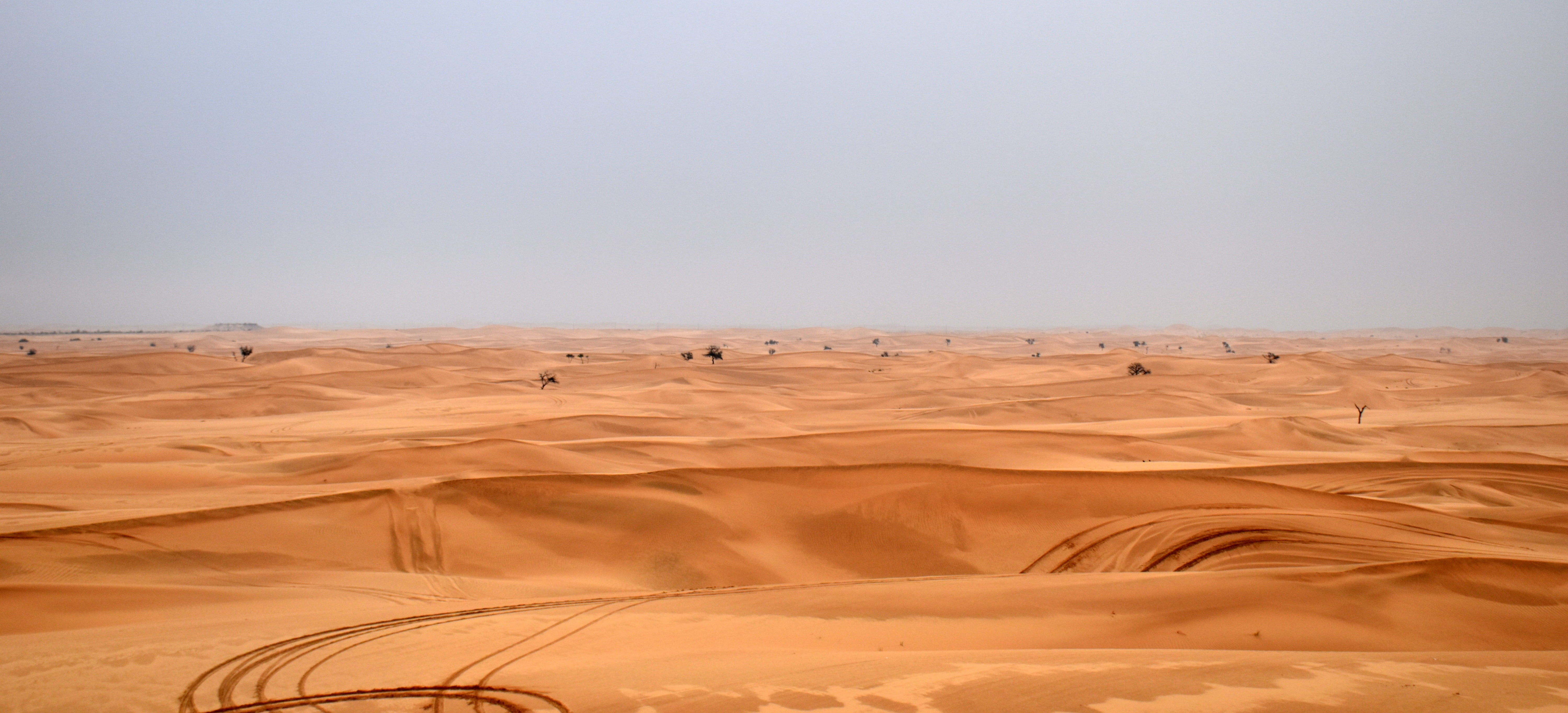 land, dry, clear sky, horizon, beauty in nature, abhu dhabi, sand, sky, 5K, travel, dune, natural, no people, sand Dune, environment, adventure, track, HD Wallpaper