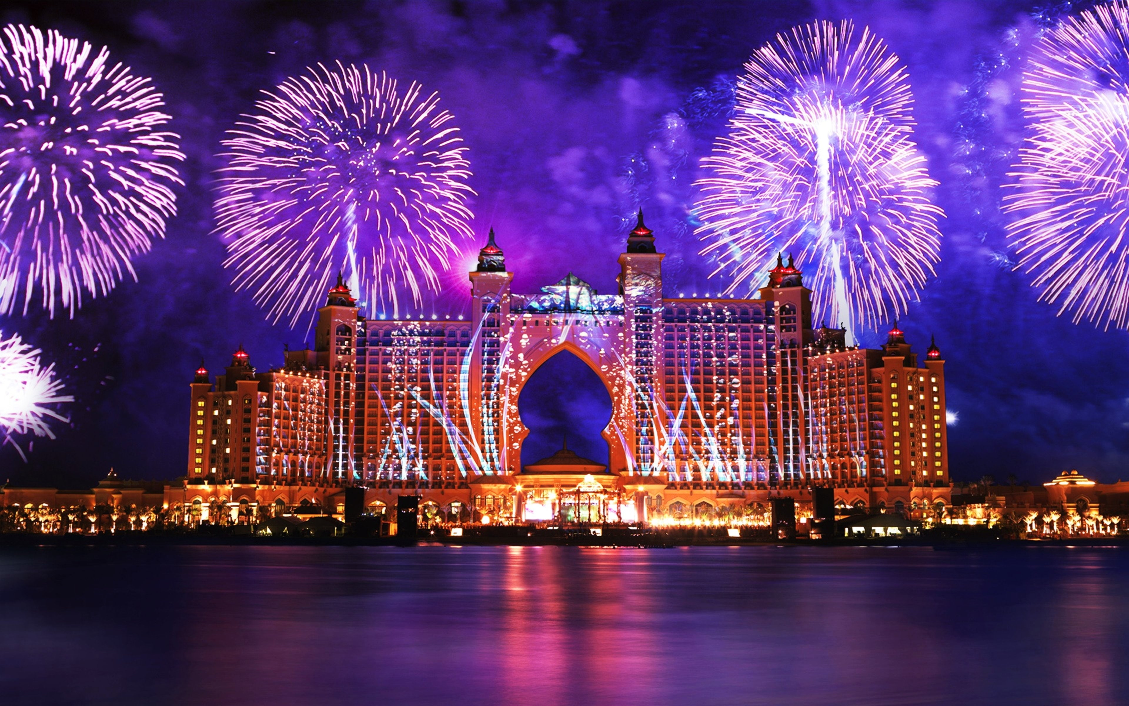 technology, hotels, port, lights, sea, buildings, fun, festivals, enjoying, evolution, park, joy, skyscrapers, city, globalization, fireworks, 4K, atlantis, HD Wallpaper