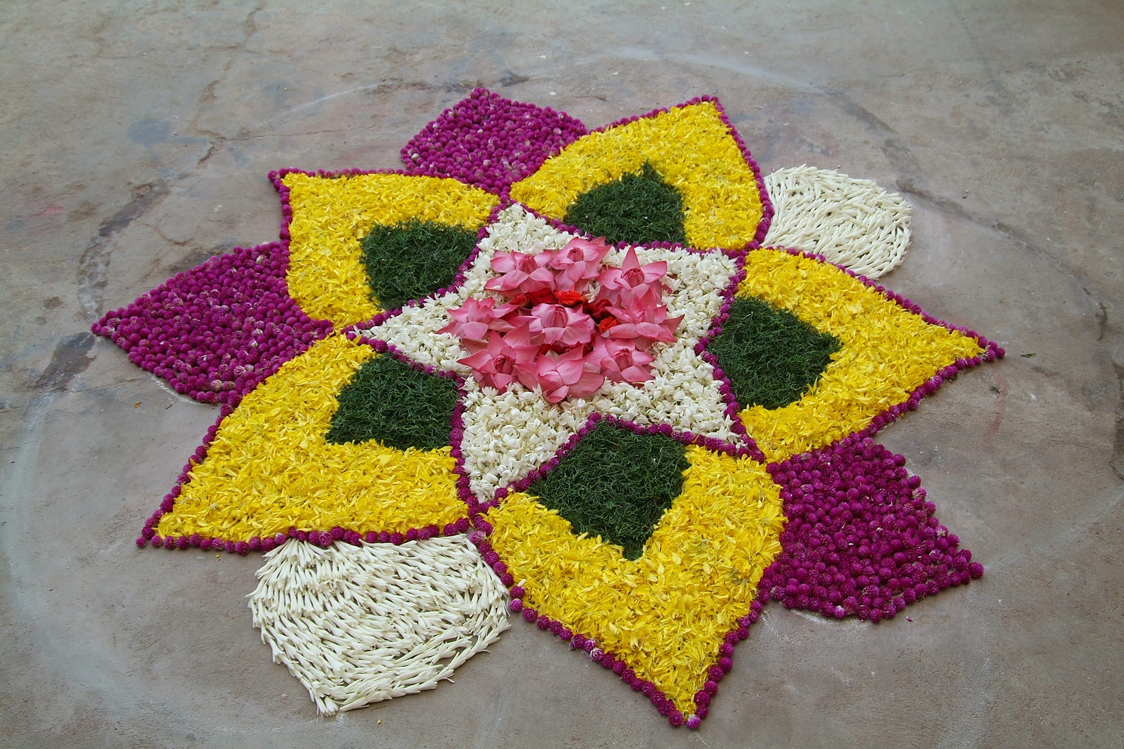 day, no people, yellow, patterns, indoors, petals, gray, color, outdoors, pink color, high angle view, flowers, shape, Folk Art, creativity, Chennai, art and craft, HD Wallpaper