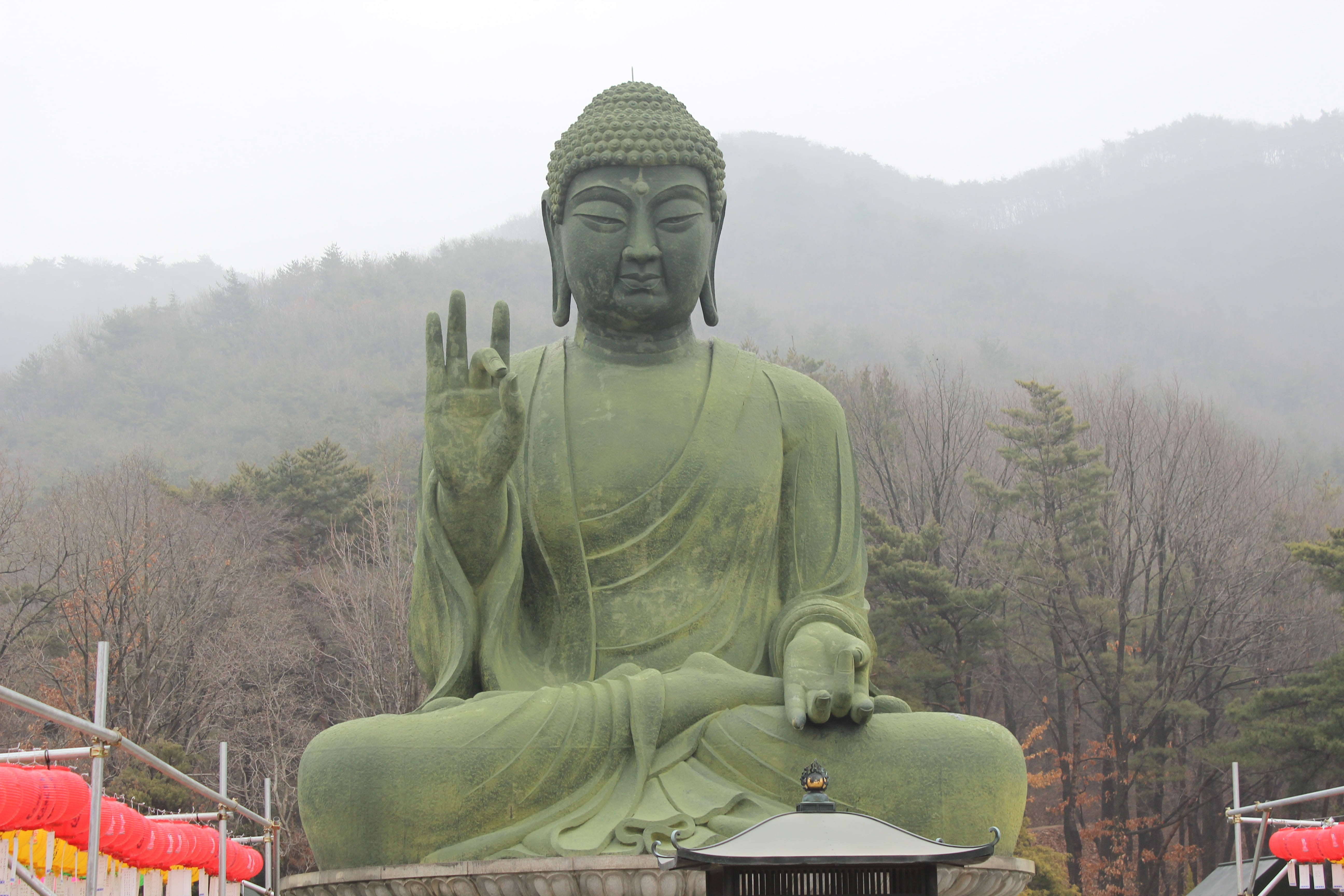 representation, cheonan, sculpture, statue, place of worship, no people, fog, male likeness, mountain, religion, plant, idol, nature, human representation, HD Wallpaper