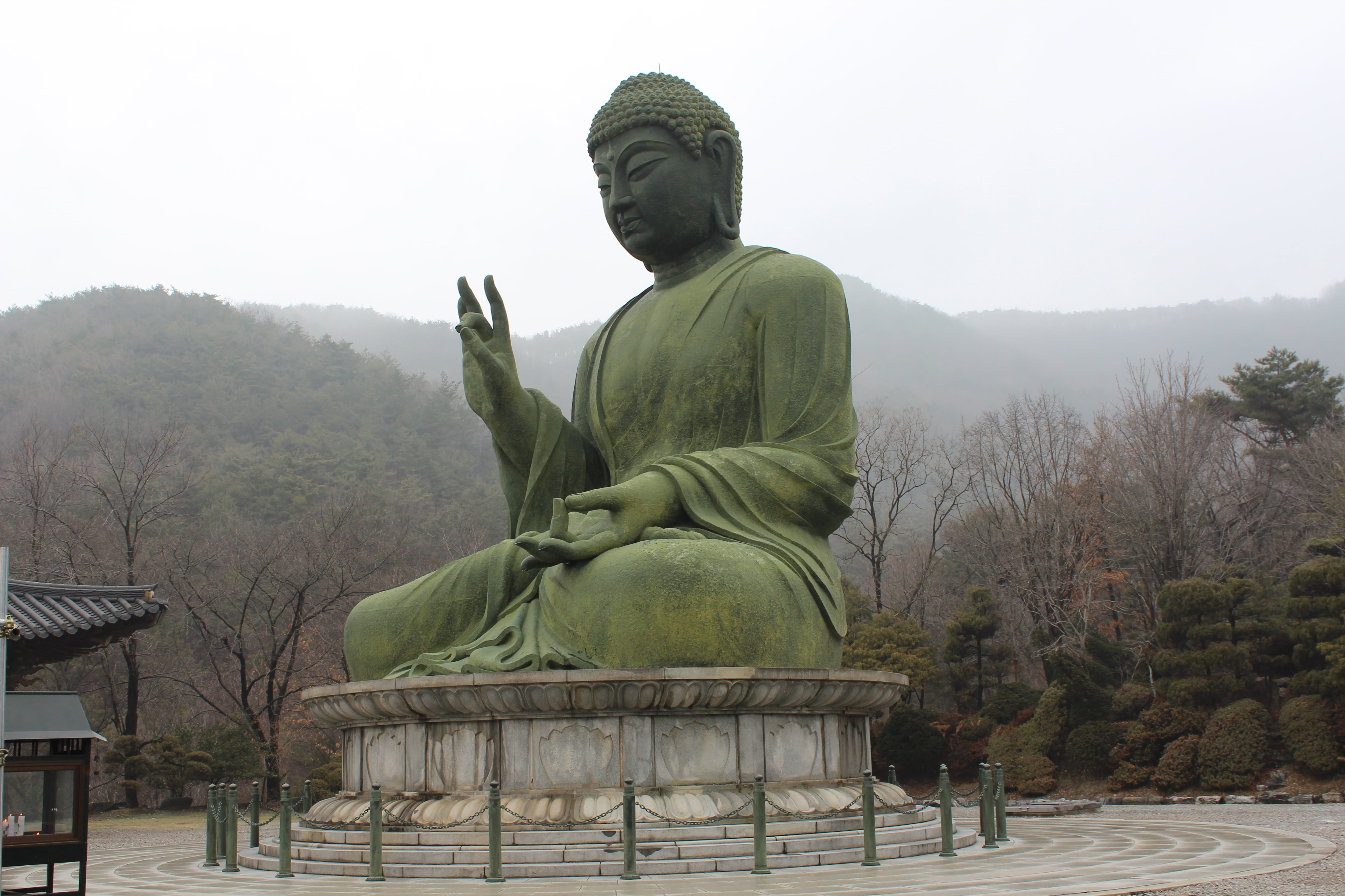 statue, 5K, human representation, taejo mountain, sky, fog, architecture, tree, male likeness, day, representation, plant, bronze amitabha statue, nature, HD Wallpaper