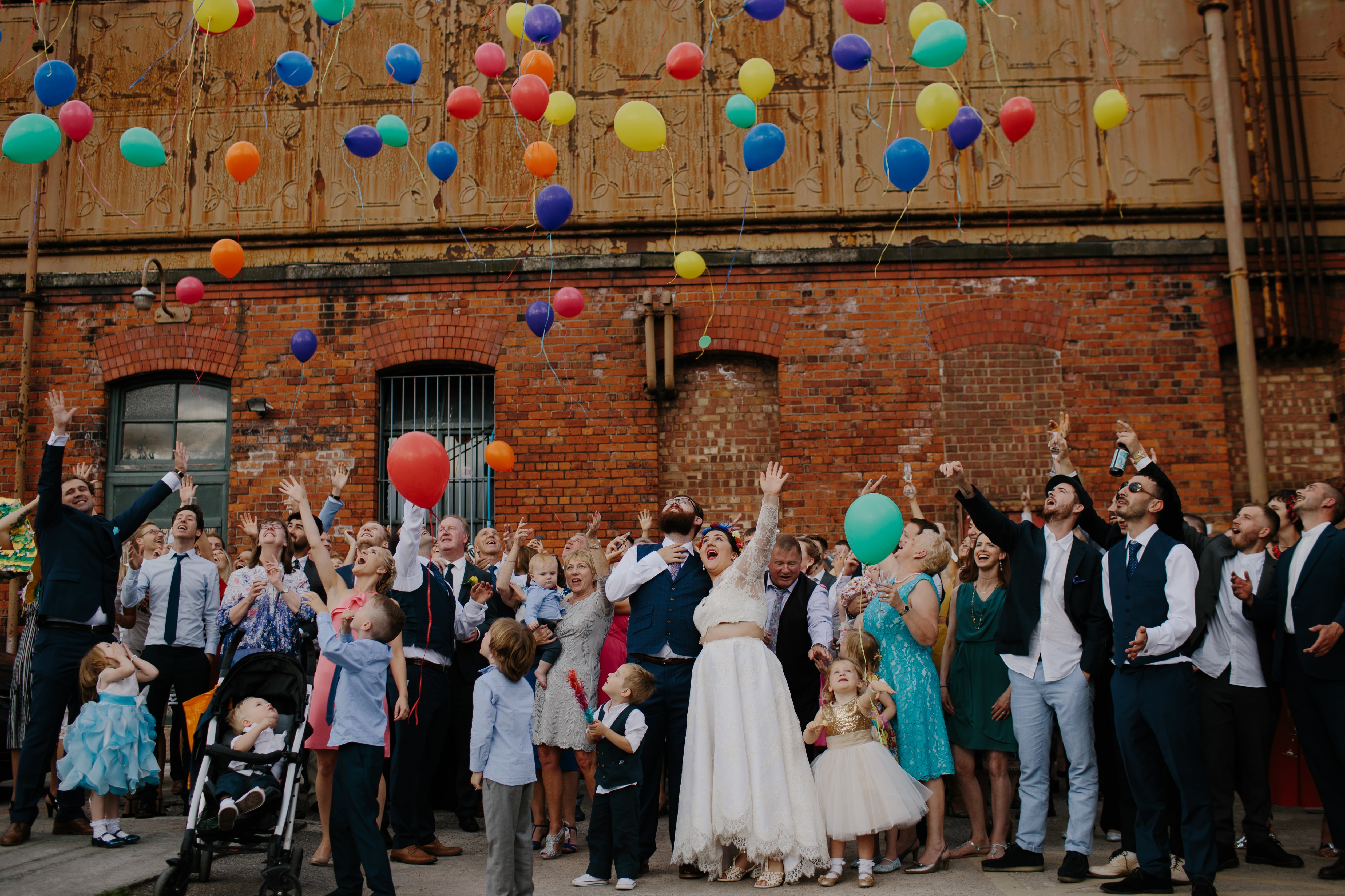 men, standing, wedding, colorful wedding, bride, balloons, celebration, women, crowd, group of people, people, day, event, colourful wedding, outdoors, HD Wallpaper