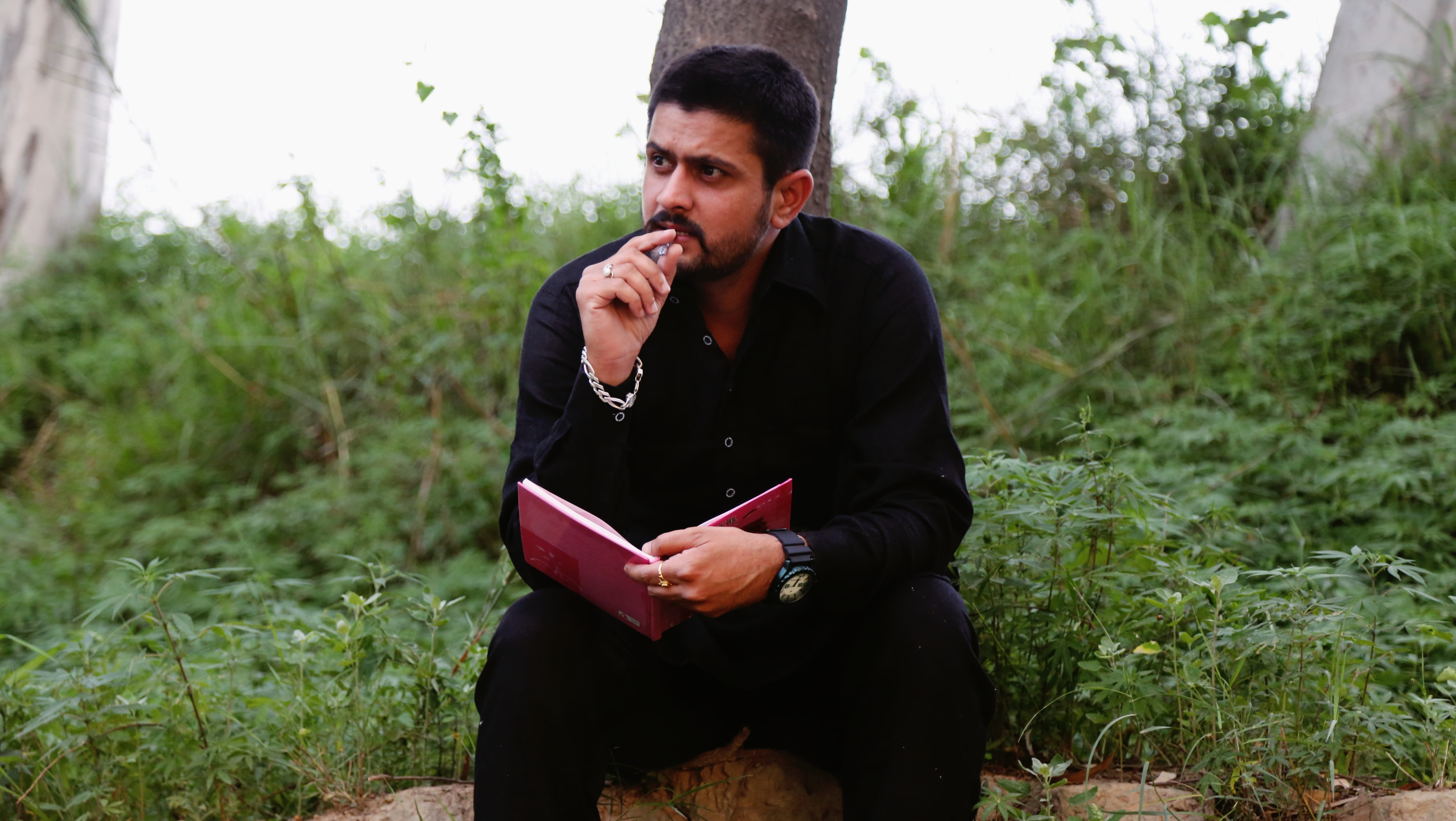 thinking, punjabi, casual clothing, 5K, advice, lifestyles, men, young men, nature, looking, standing, boy, book, outdoors, day, sitting, one person, writer, HD Wallpaper