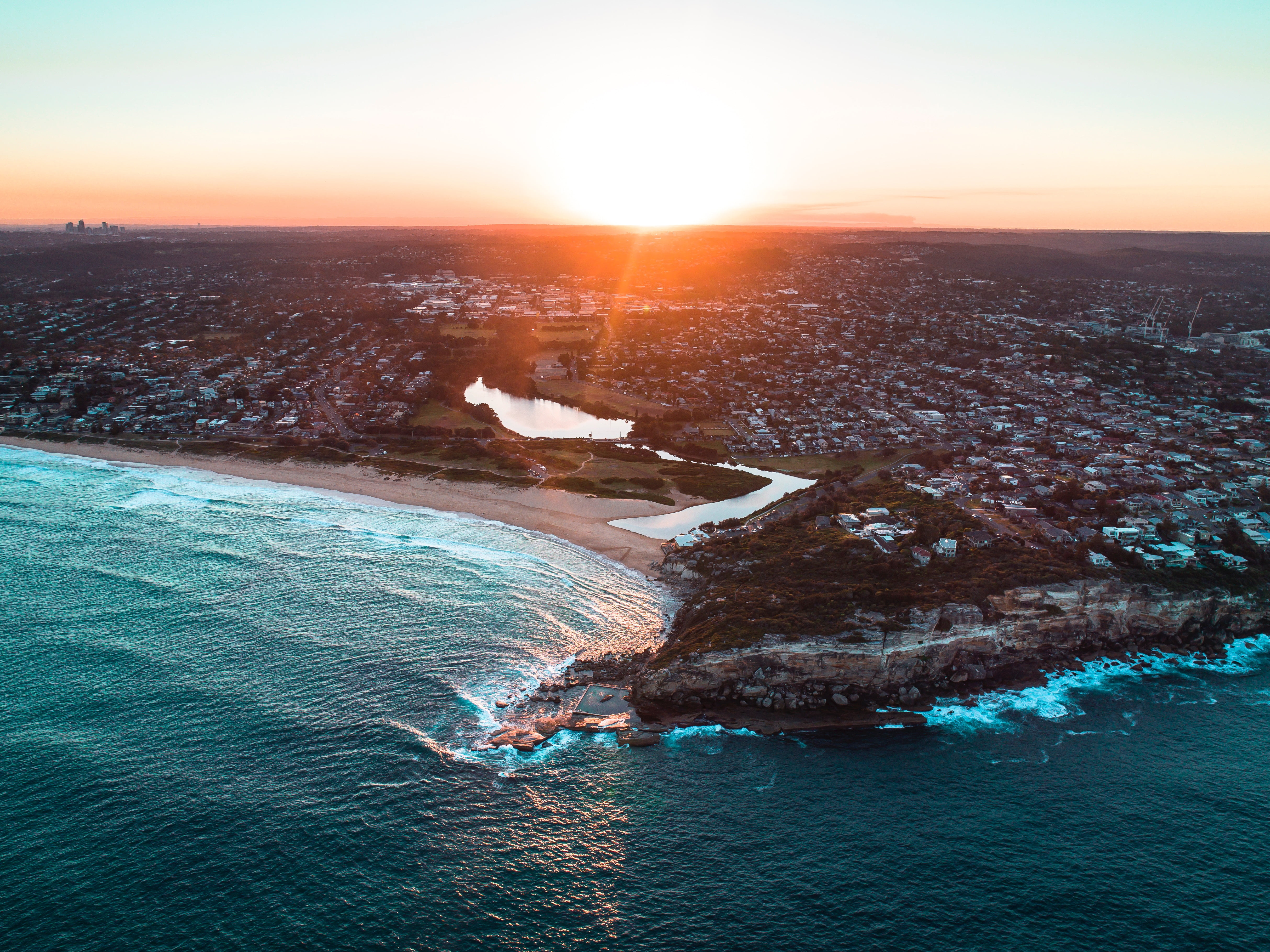 sky, Australia, trees, concrete, environment, aerial view, sea, gray, tranquility, travel destinations, sunset, buildings, tranquil scene, water, sunlight, HD Wallpaper