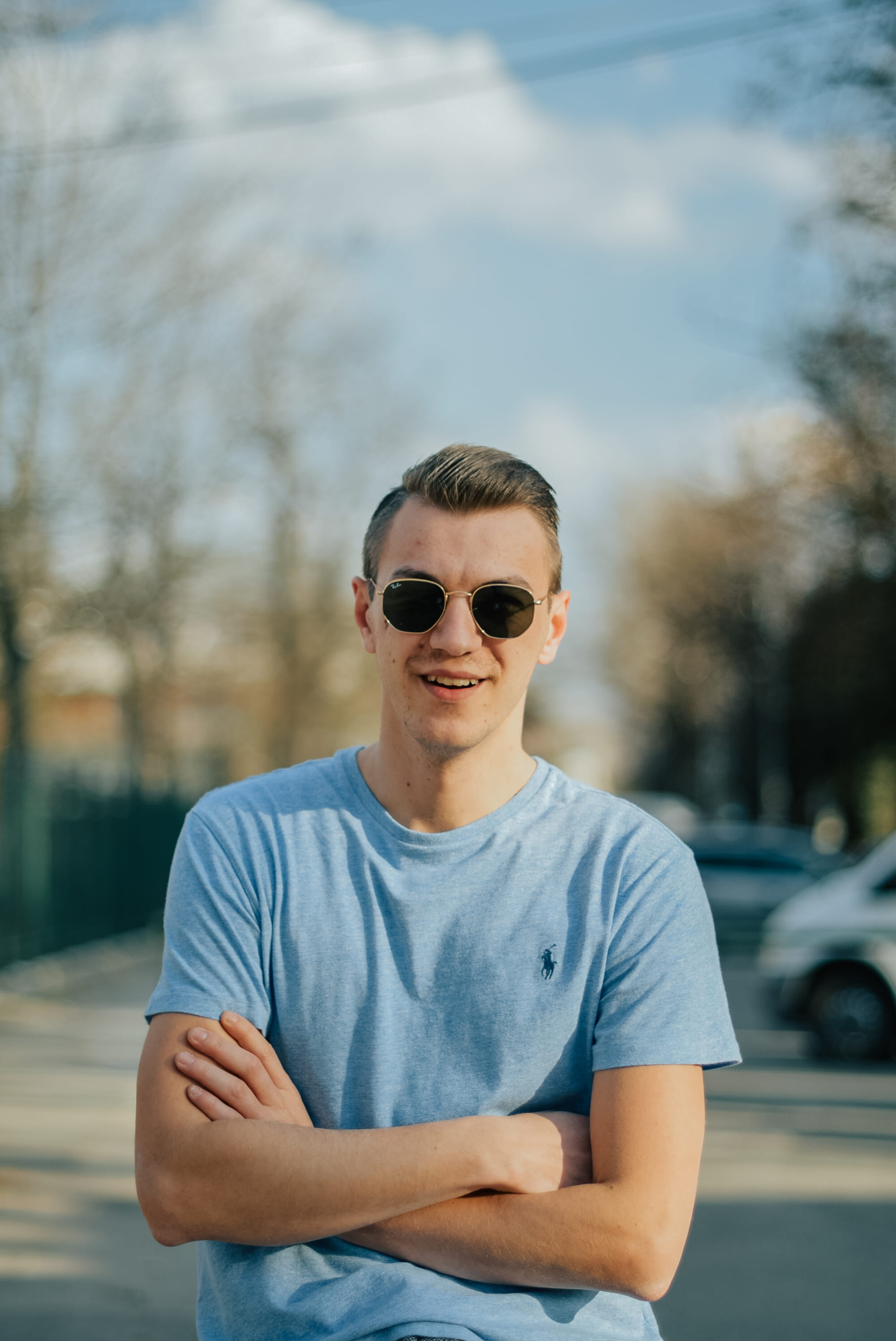 standing, looking at camera, waist up, 2K, long sleeve, real people, lifestyles, face, focus on foreground, car, sunglasses, vehicle, glasses, young men, Phone HD Wallpaper