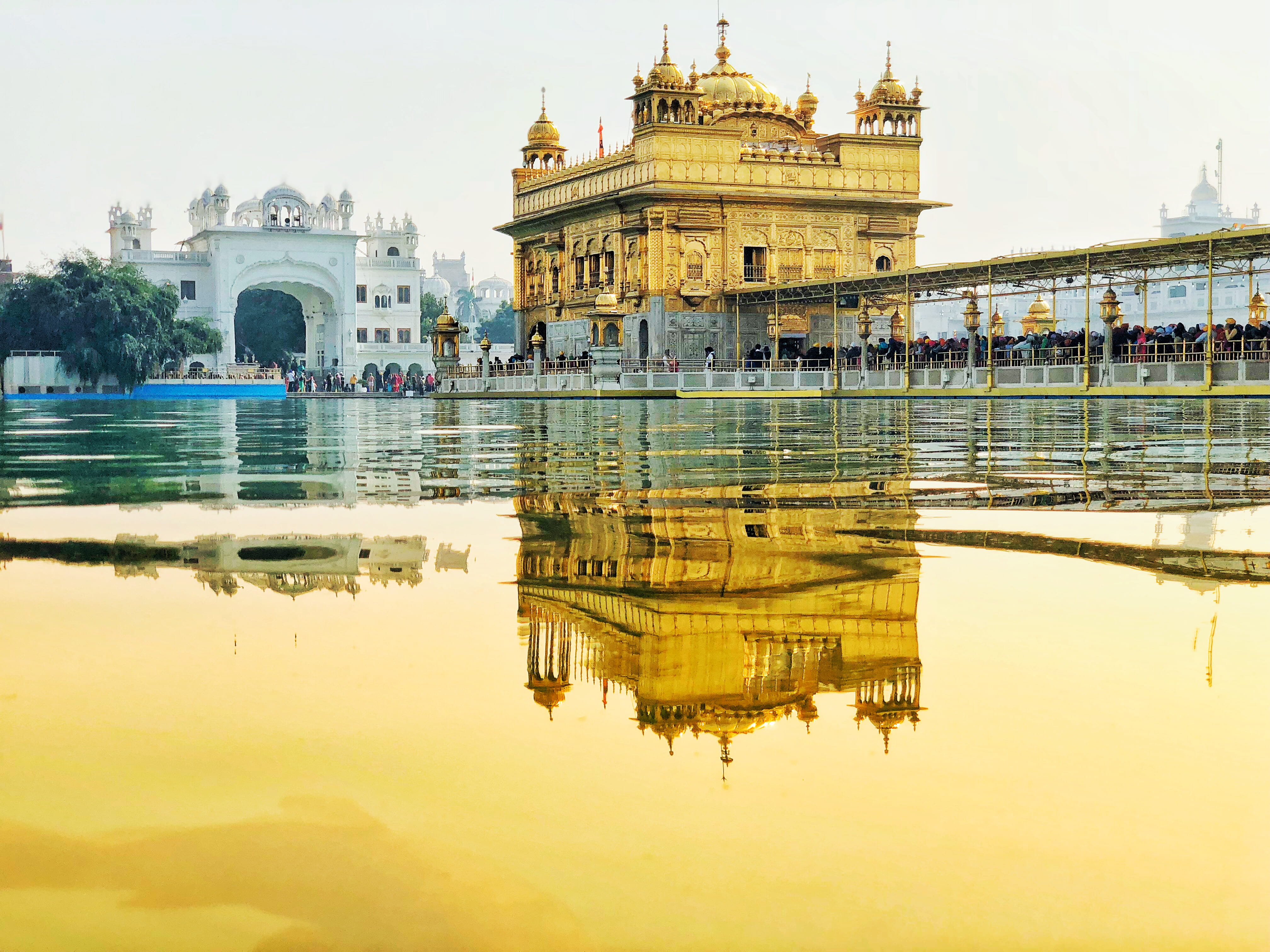 near, belief, yellow, travel, akal, takht, reflection, place of worship, the past, outdoors, waterfront, mirror water, body, sky, building exterior, architecture, HD Wallpaper