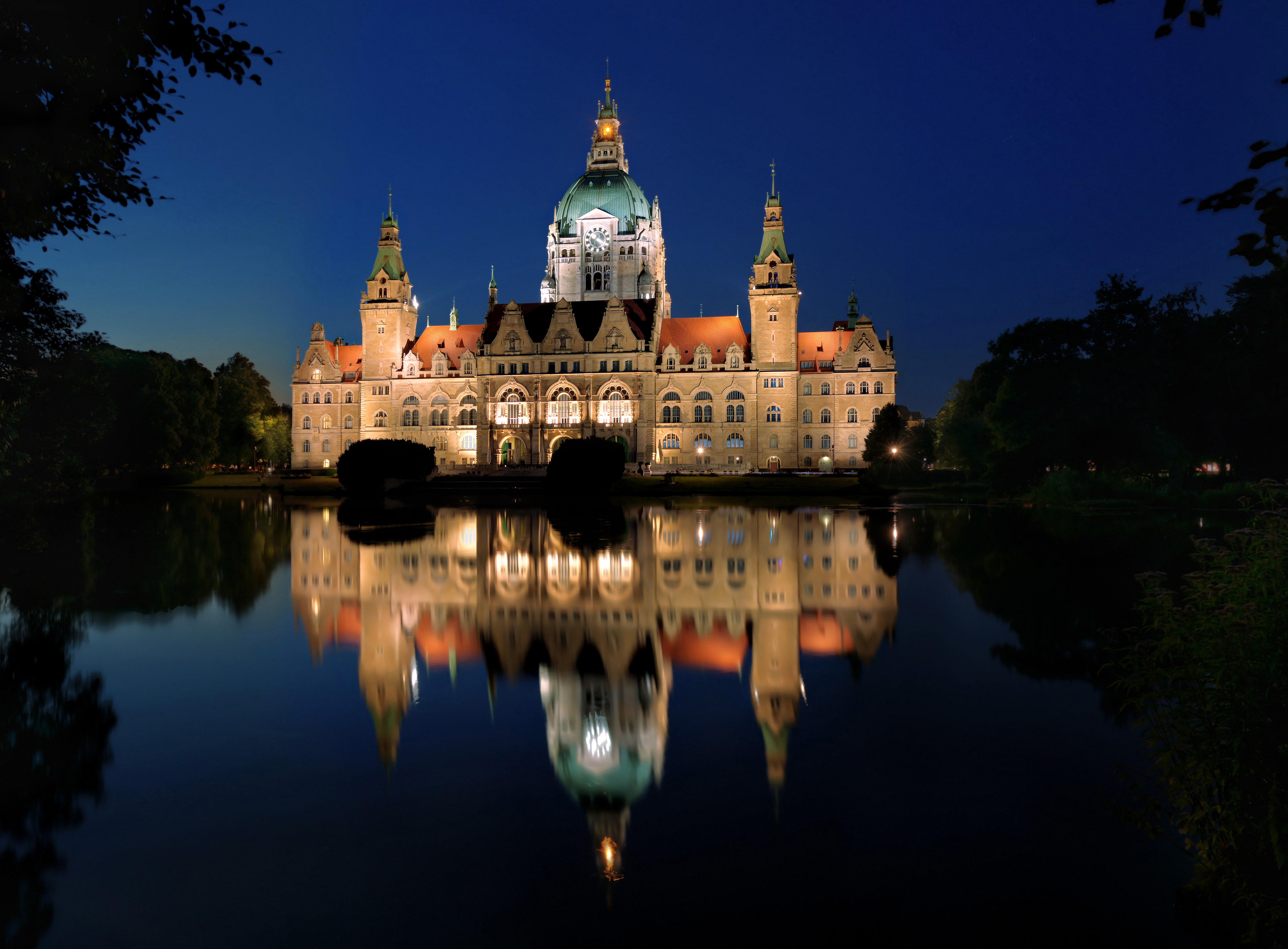 Hannover, Palace, Hanover, 4K, Germany, New Town Hall, reflection, lights, lake, night, trees, HD Wallpaper