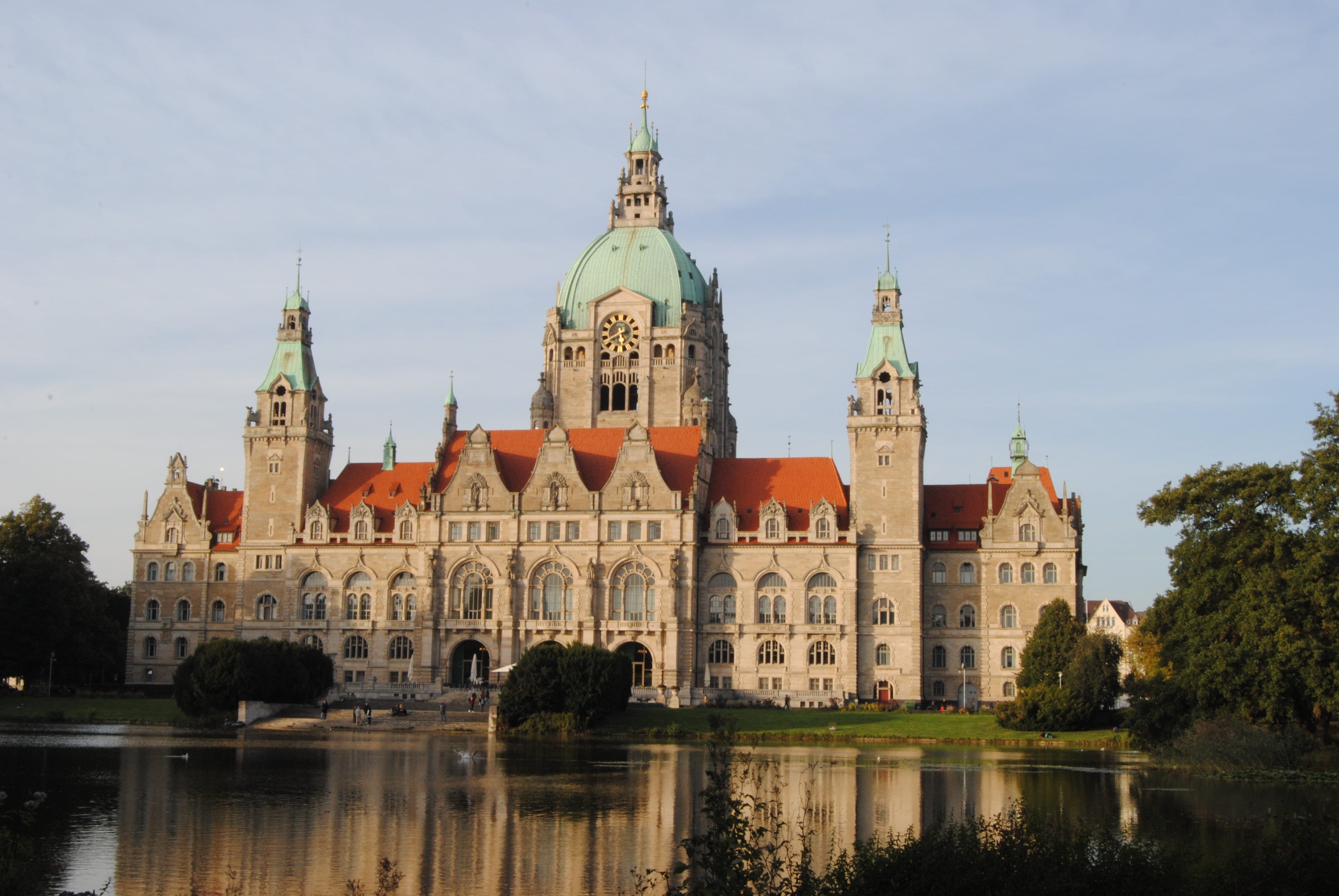 river, architecture, europe, Hanover, waterfront, building exterior, maschpark, cloud - sky, government, travel, the past, tree, travel Locations, built Structure, HD Wallpaper