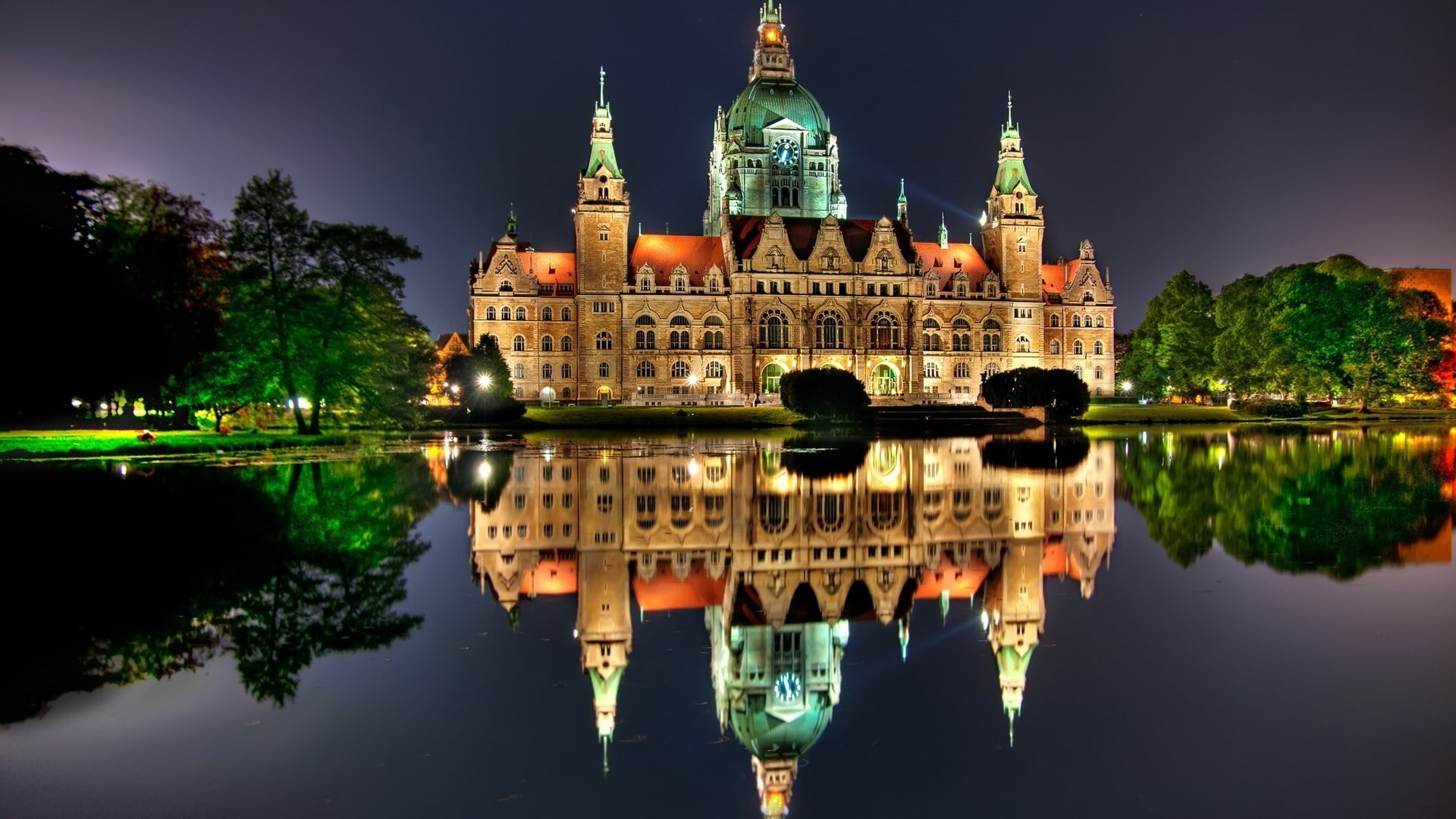 1080P, architecture city cityscape germany water old building night lights sky castle lake trees reflection mirrored clock towers hanover city hall landscape, HD Wallpaper
