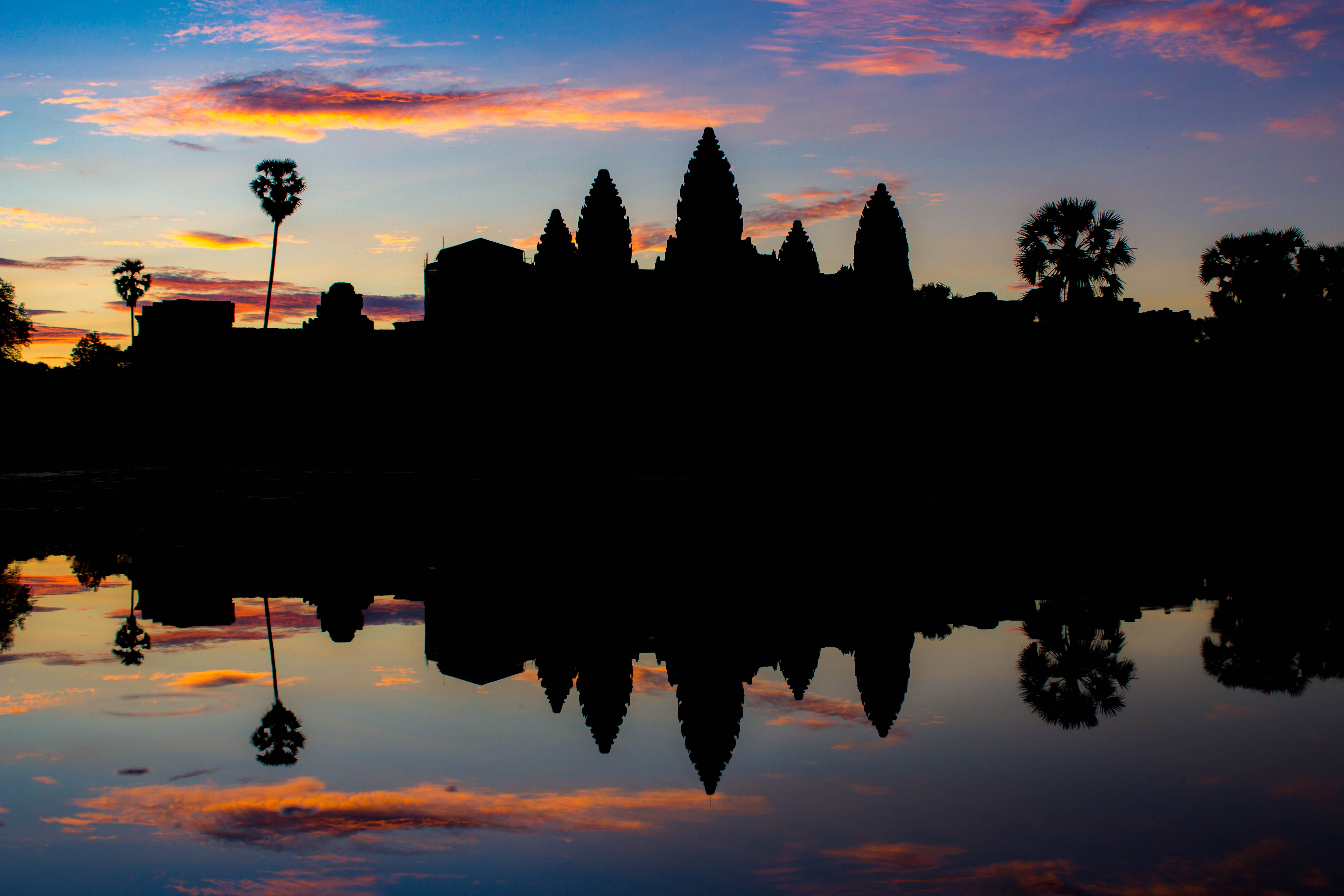 architecture, mirror, belief, sunrise, krong siem reap, temple, waterfront, built structure, orange color, cambodia, water, nature, lake, no people, silhouette, HD Wallpaper