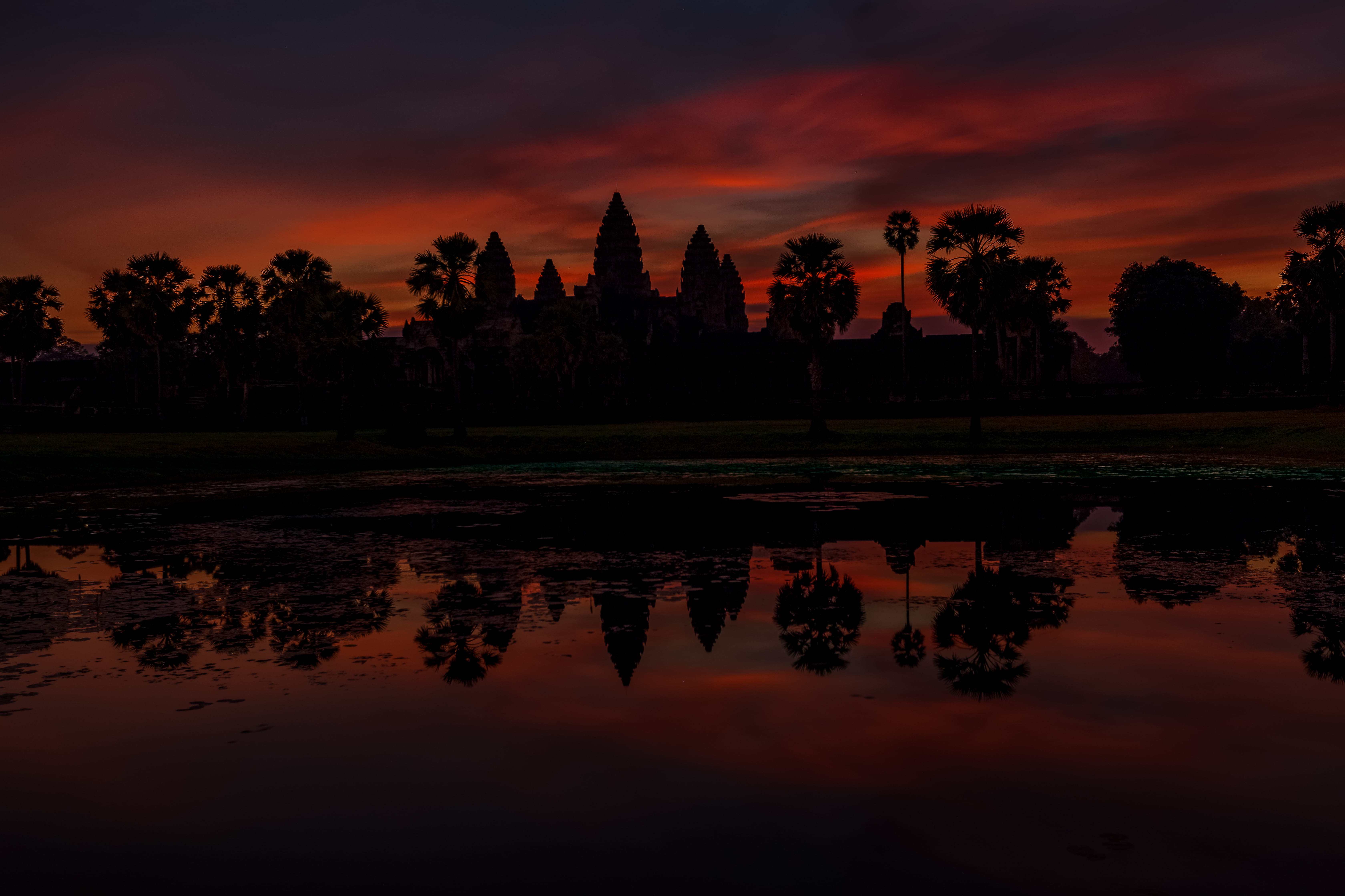 scenics - nature, tranquility, sunset, red sky, cambodia, idyllic, silhouette, water, dawn, lake, reflection, fire, beauty in nature, sky, tree, tranquil scene, HD Wallpaper