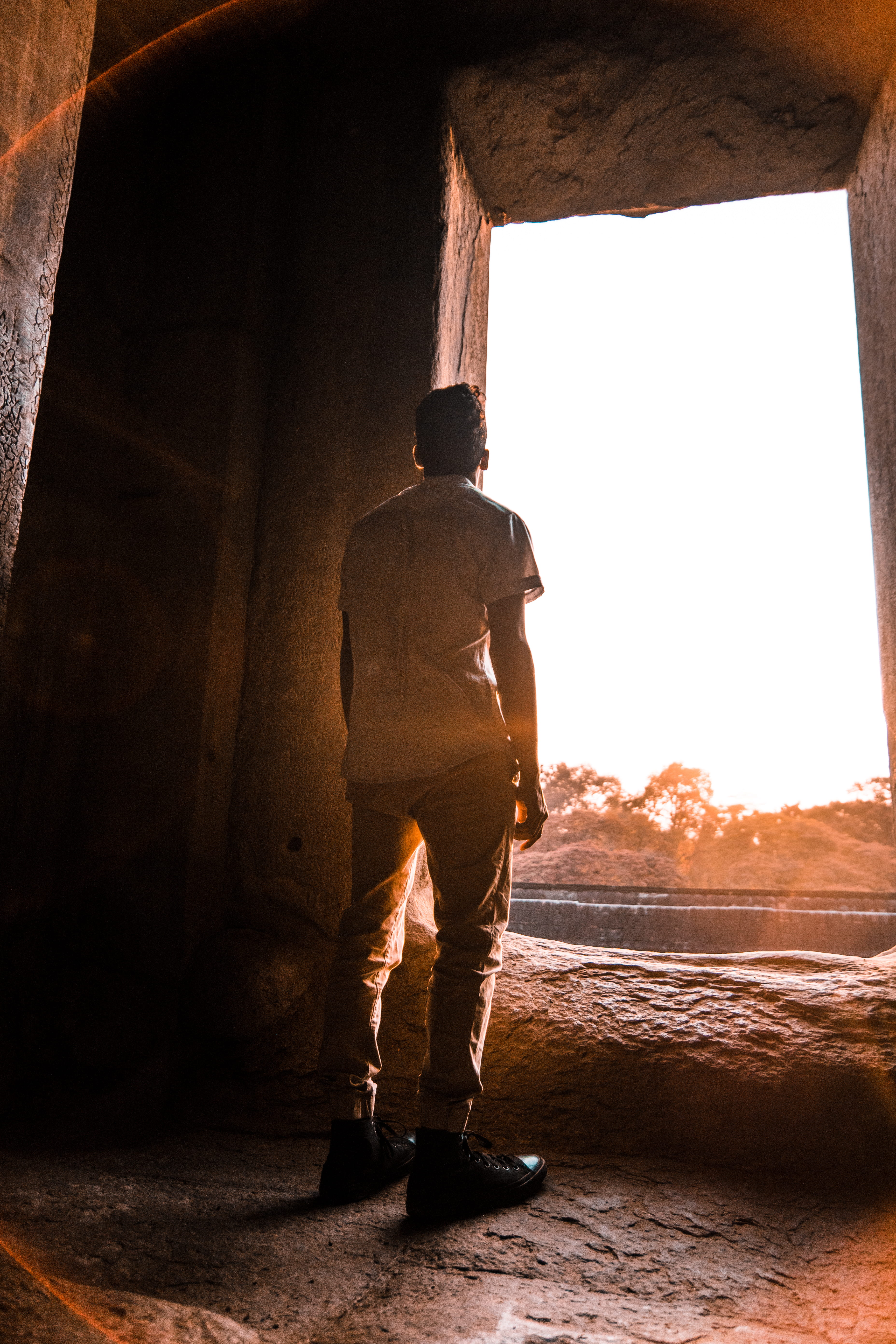 leisure activity, 5K, cambodia, brick, doorway, indoors, people, looking out, shoe, one person, walk, human, window, built structure, beige, shadow, rear view, Phone HD Wallpaper