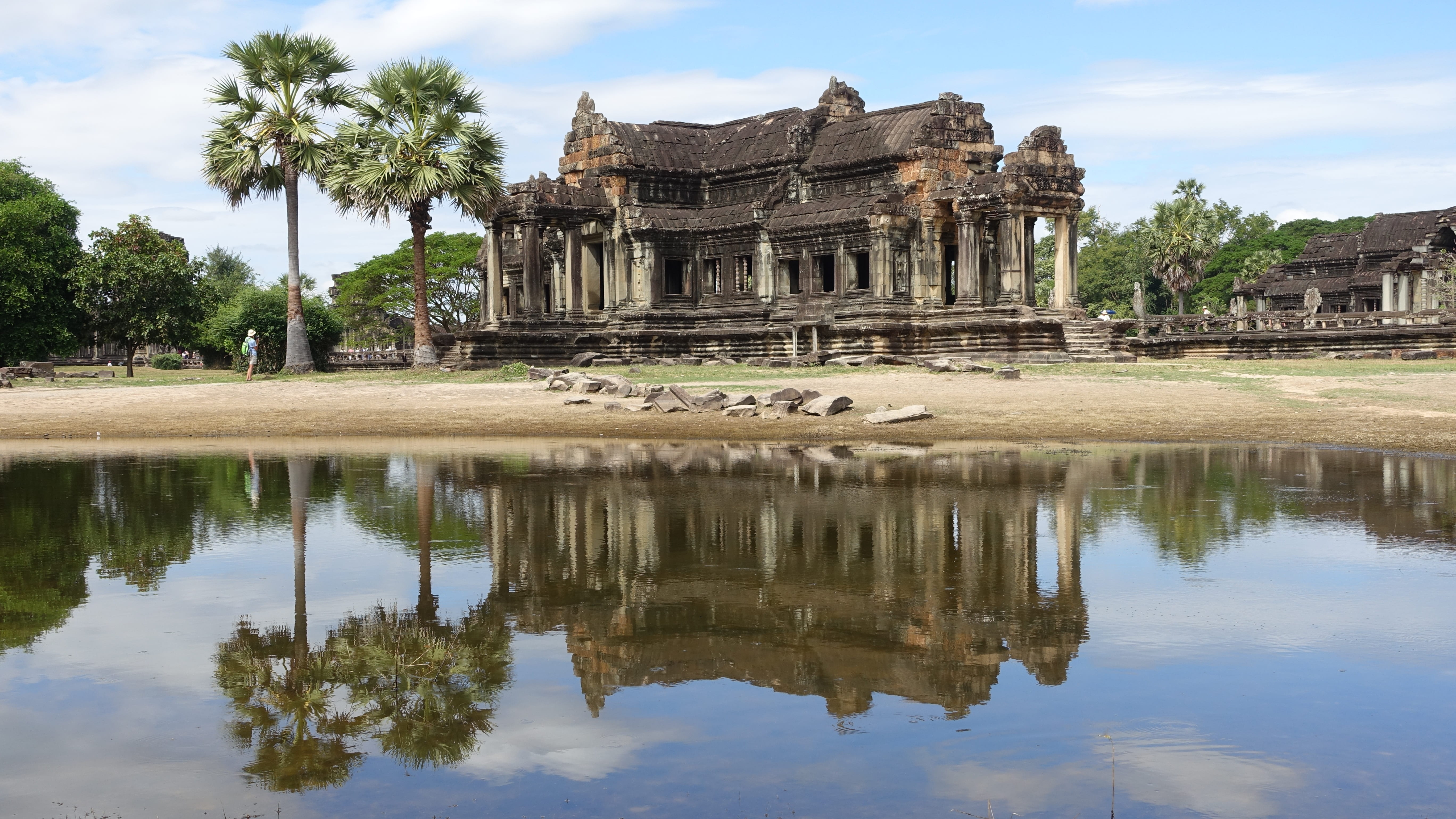 angkor wat, built structure, ancient civilization, 5K, siem reap, lake, day, sky, temple, religion, architectural column, outdoors, travel destinations, HD Wallpaper