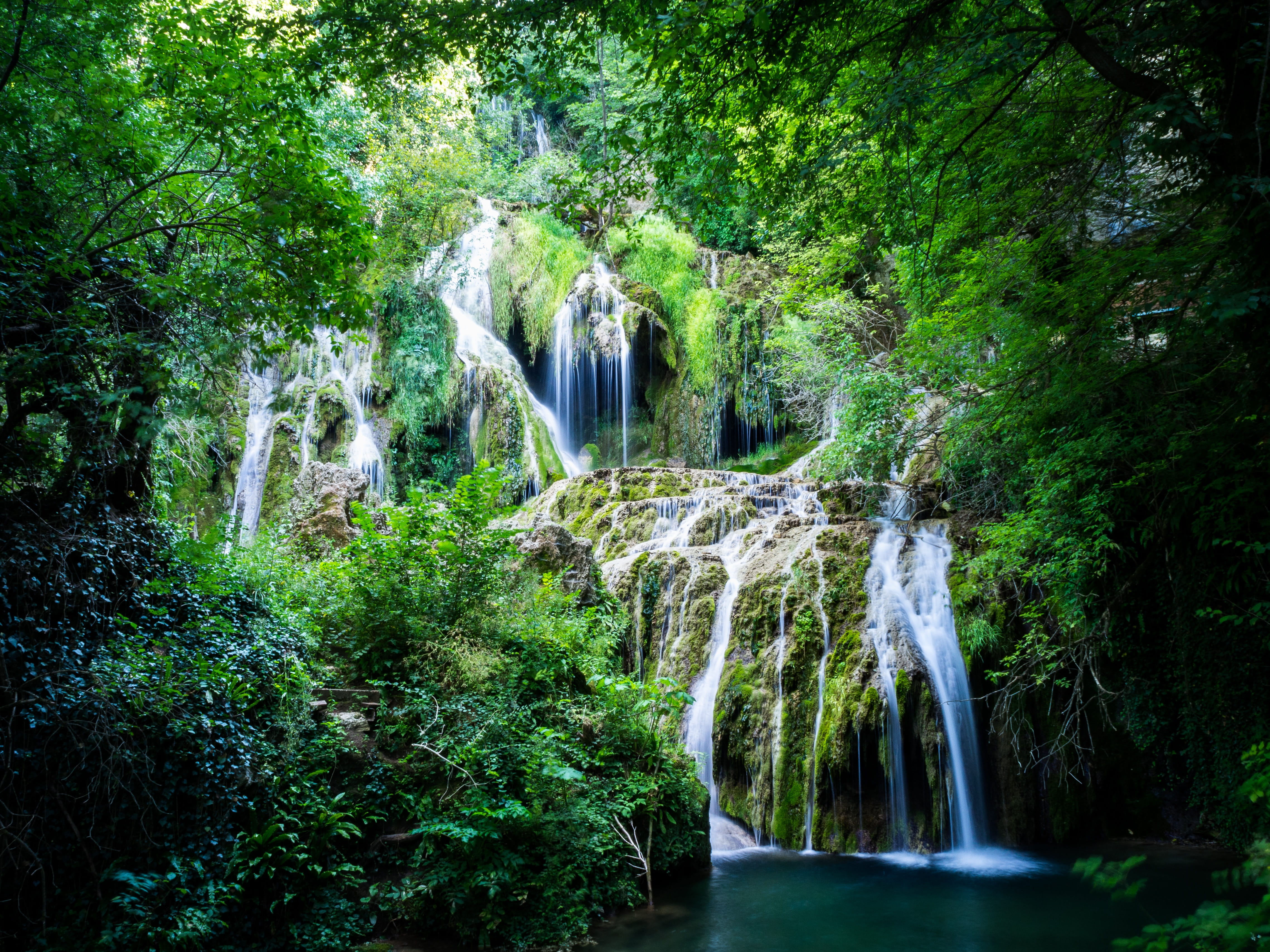 beauty in nature, environment, power in nature, rock, long exposure, blurred motion, rainforest, river, flow, trees, foliage, 4K, green, no people, daytime, HD Wallpaper
