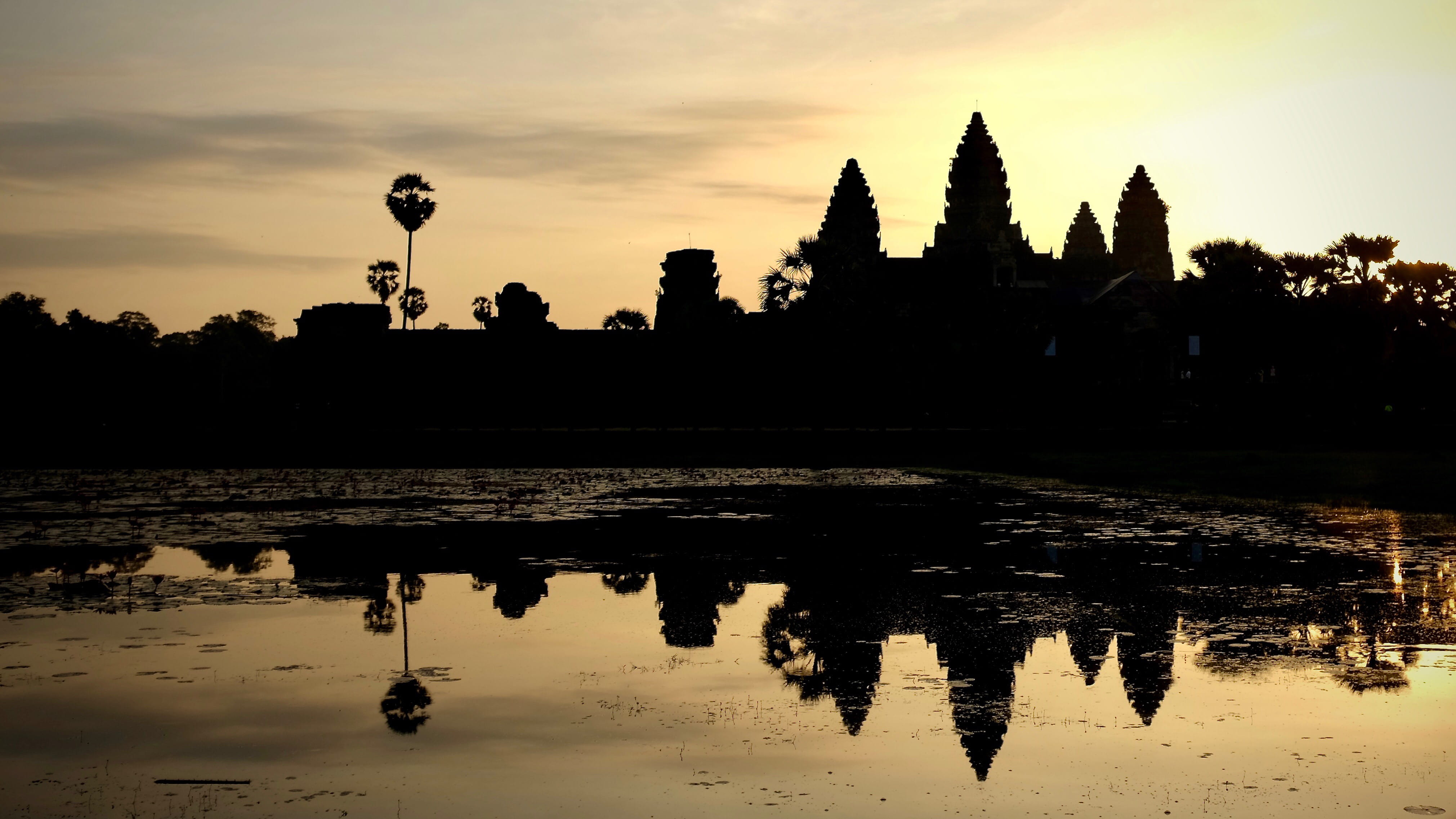 water, nature, beauty in nature, siem reap, tranquility, reflection, pond, silhouette, sunset, 4K, trees, no people, built structure, cambodia, plant, HD Wallpaper