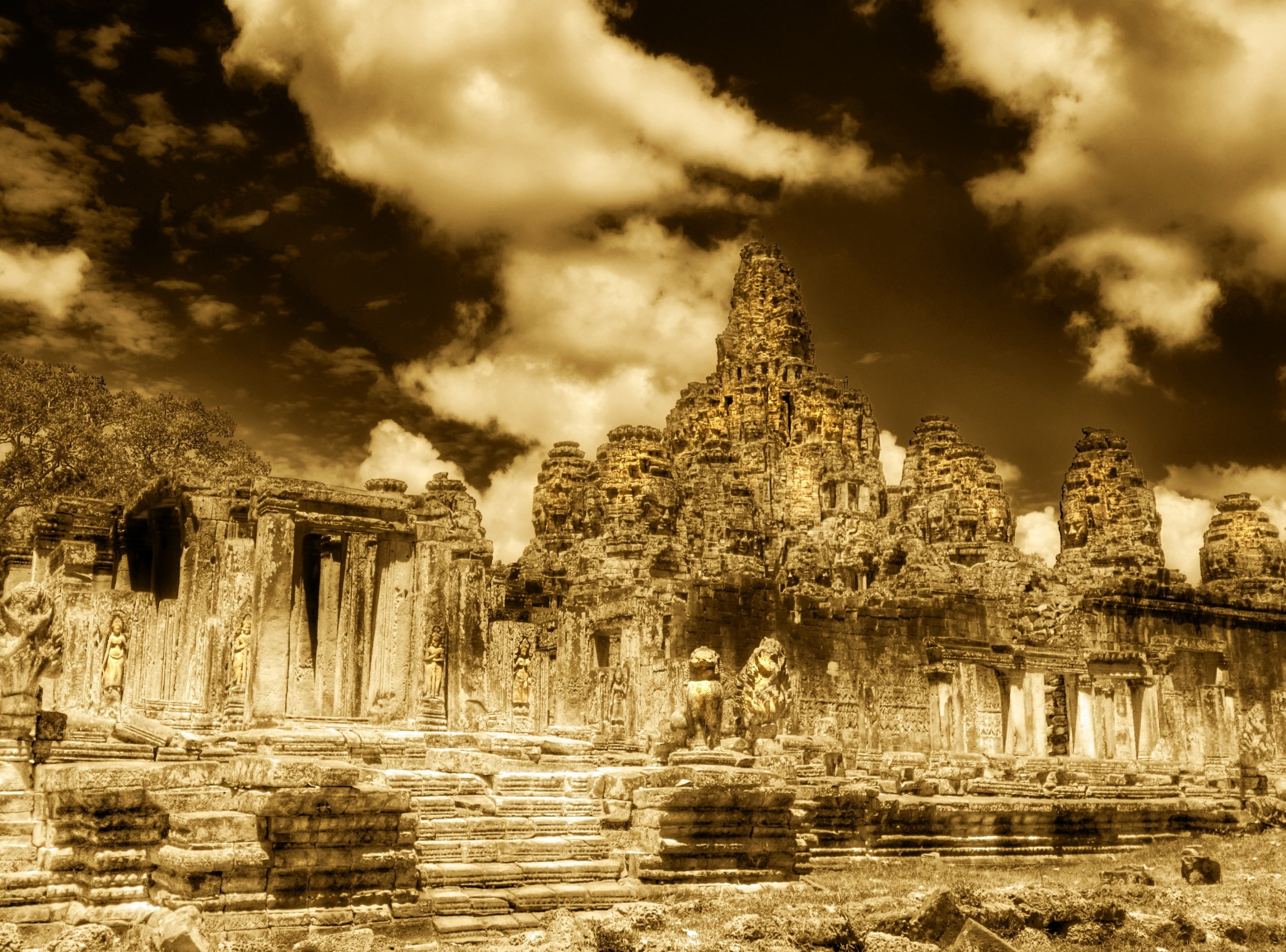 architectural column, ancient, 2K, cambodia, cloud - sky, concrete, structures, building, Angkor Thom, ancient civilization, thom, nature, belief, Vintage, HD Wallpaper